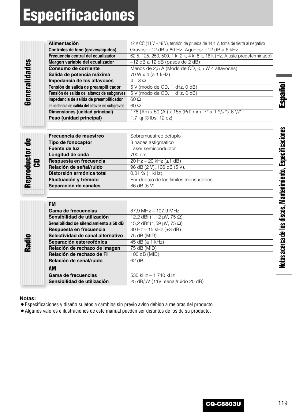 Especificaciones, Español, Generalidades | Radio reproductor de cd | Panasonic CQ-C8803U User Manual | Page 119 / 120