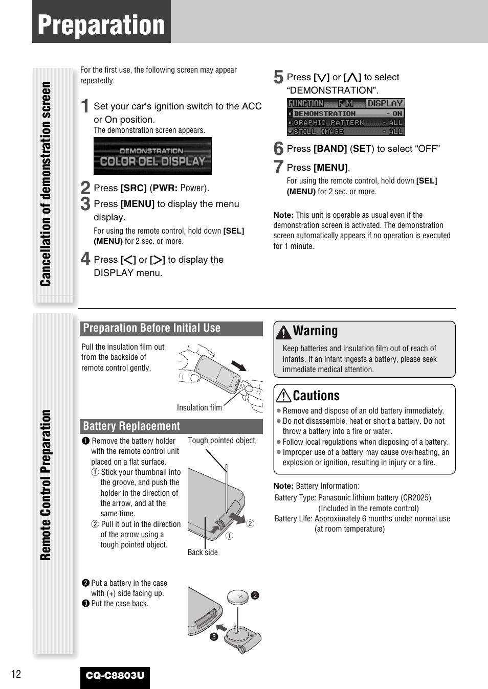 Preparation (clock adjustment etc.), Preparation, Warning | Cautions | Panasonic CQ-C8803U User Manual | Page 12 / 120