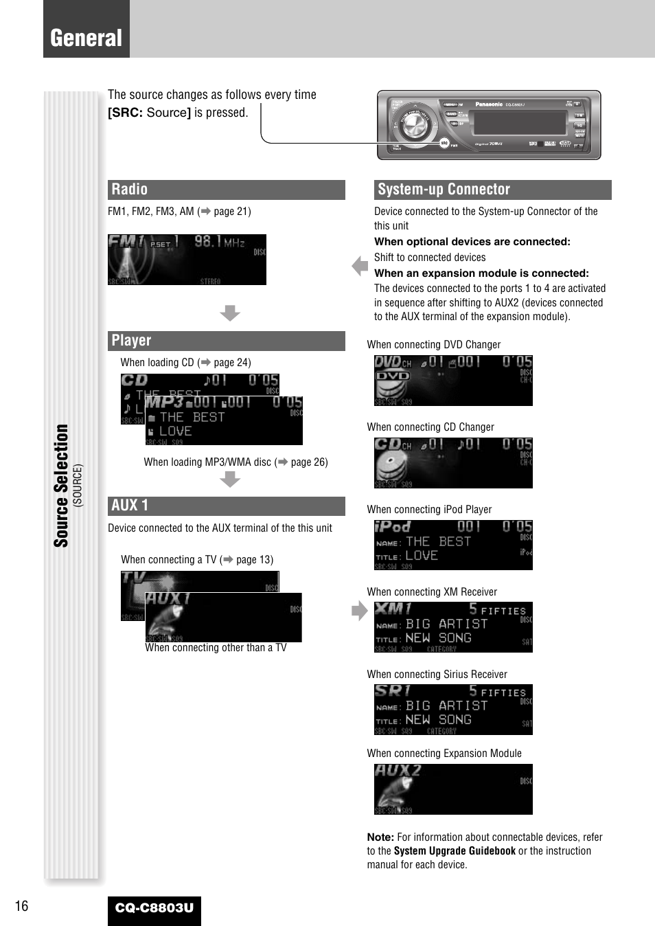 General, Source selection, Radio | Player, Aux 1, System-up connector | Panasonic CQ-C8803U User Manual | Page 16 / 120
