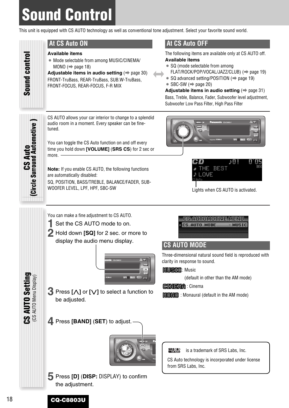 Sound control, Cs auto setting, Sound control cs auto | Panasonic CQ-C8803U User Manual | Page 18 / 120
