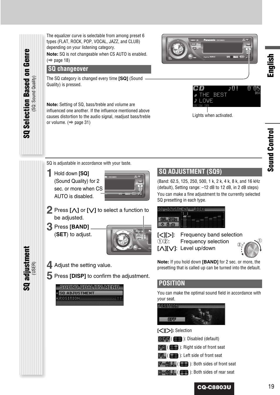English, Sound control, Sq selection based on genre | Sq adjustment, Sq changeover, Sq adjustment (sq9), Position | Panasonic CQ-C8803U User Manual | Page 19 / 120