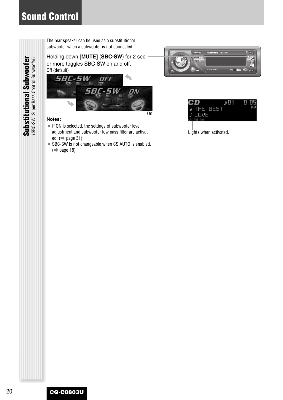 Sound control, Substitutional subwoofer | Panasonic CQ-C8803U User Manual | Page 20 / 120