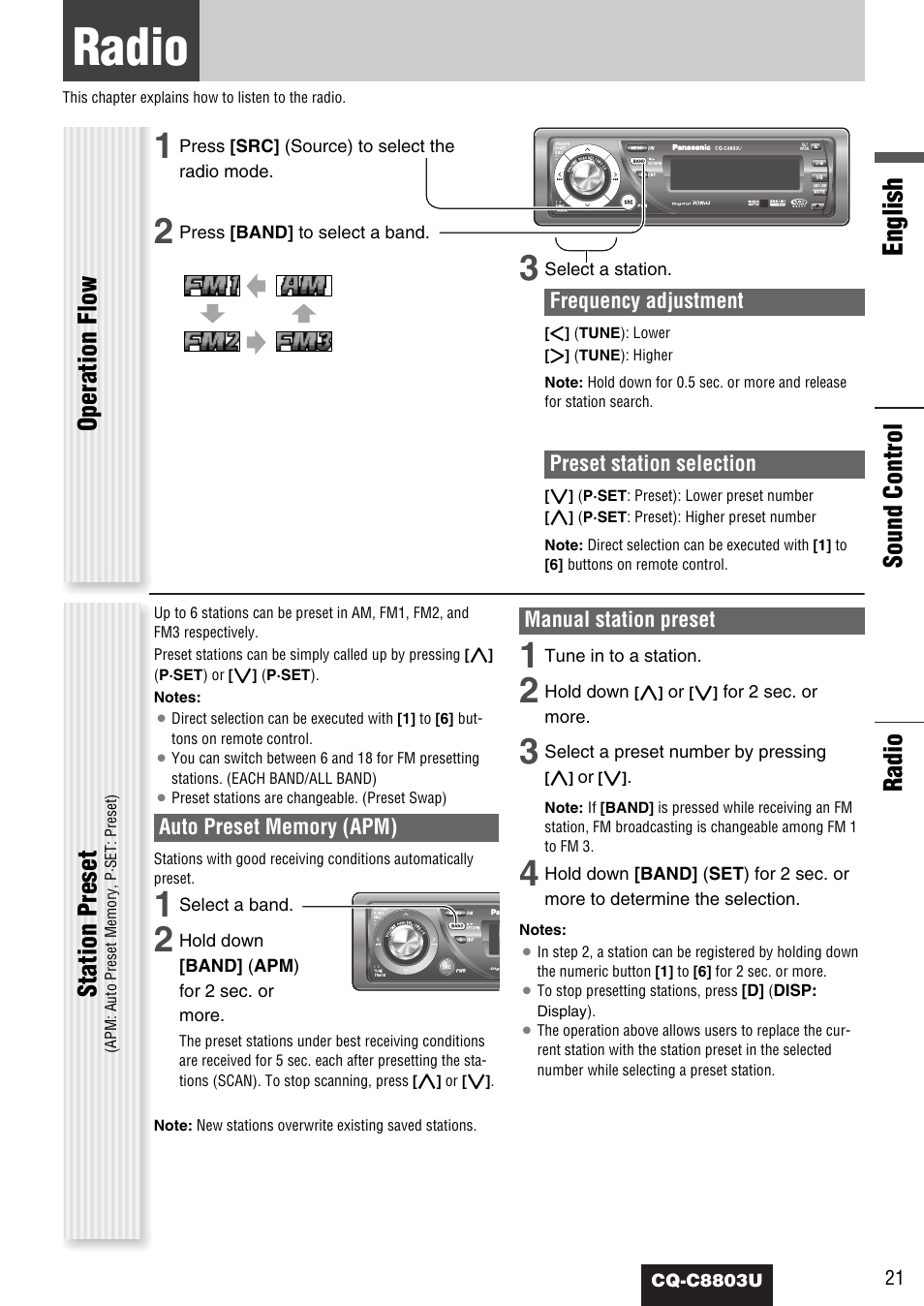 Each source, Radio, English | Operation flow, Sound control station preset | Panasonic CQ-C8803U User Manual | Page 21 / 120