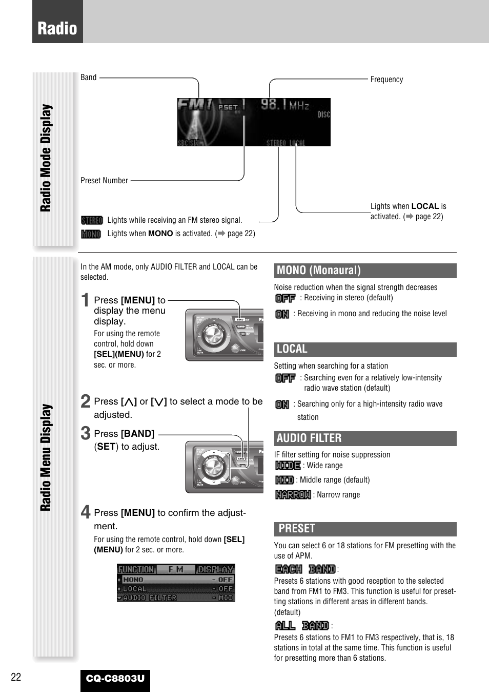 Radio, Radio mode display, Radio menu display | Mono (monaural), Local, Audio filter, Preset | Panasonic CQ-C8803U User Manual | Page 22 / 120