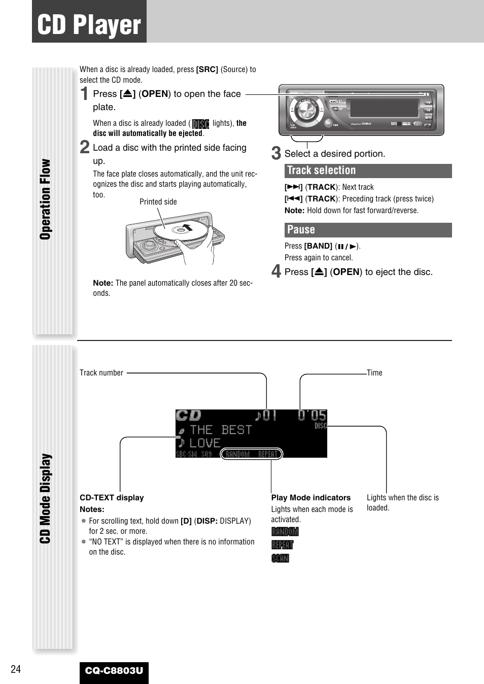 Cd player, Operation flow cd mode display | Panasonic CQ-C8803U User Manual | Page 24 / 120