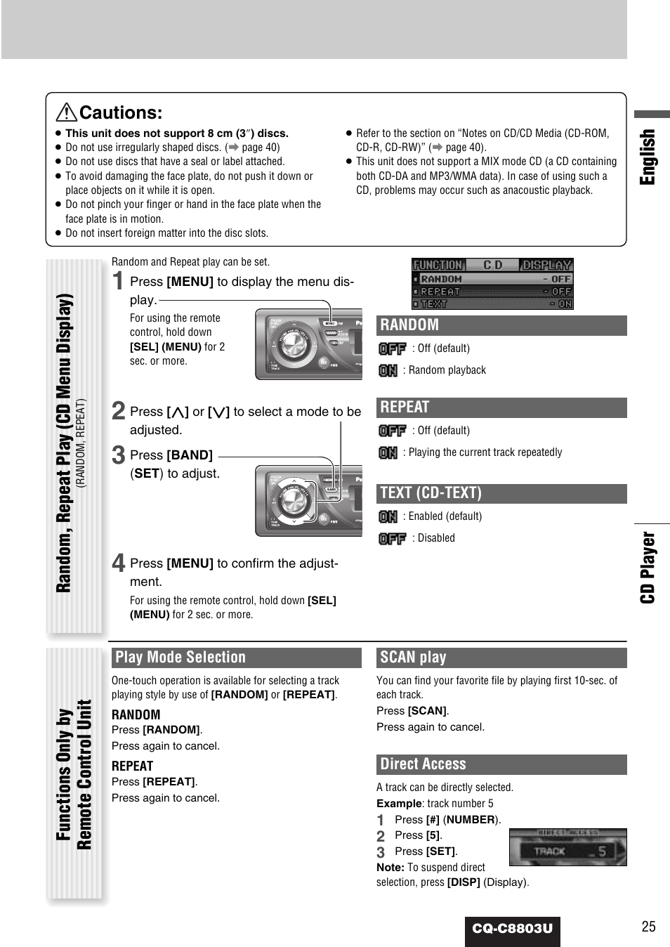 English, Cd player cautions, Random | Repeat, Text (cd-text), Play mode selection, Scan play, Direct access | Panasonic CQ-C8803U User Manual | Page 25 / 120