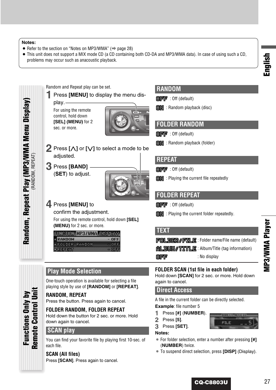 English, Mp3/wma player, Random, repeat play (mp3/wma menu display) | Functions only by remote control unit, Random, Folder random, Repeat, Folder repeat, Text, Play mode selection | Panasonic CQ-C8803U User Manual | Page 27 / 120