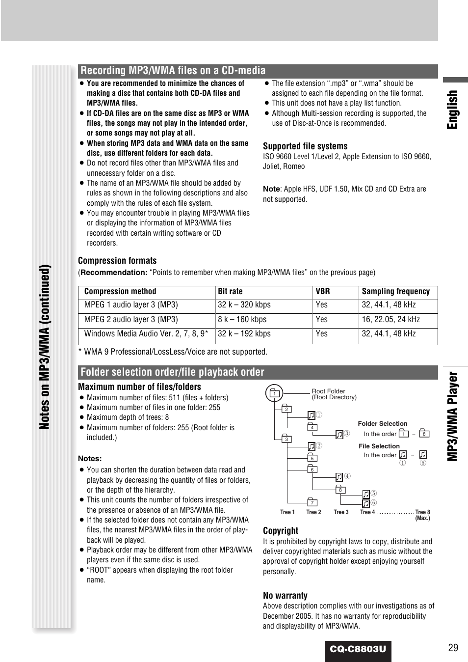 English, Mp3/wma player, Recording mp3/wma files on a cd-media | Folder selection order/file playback order | Panasonic CQ-C8803U User Manual | Page 29 / 120