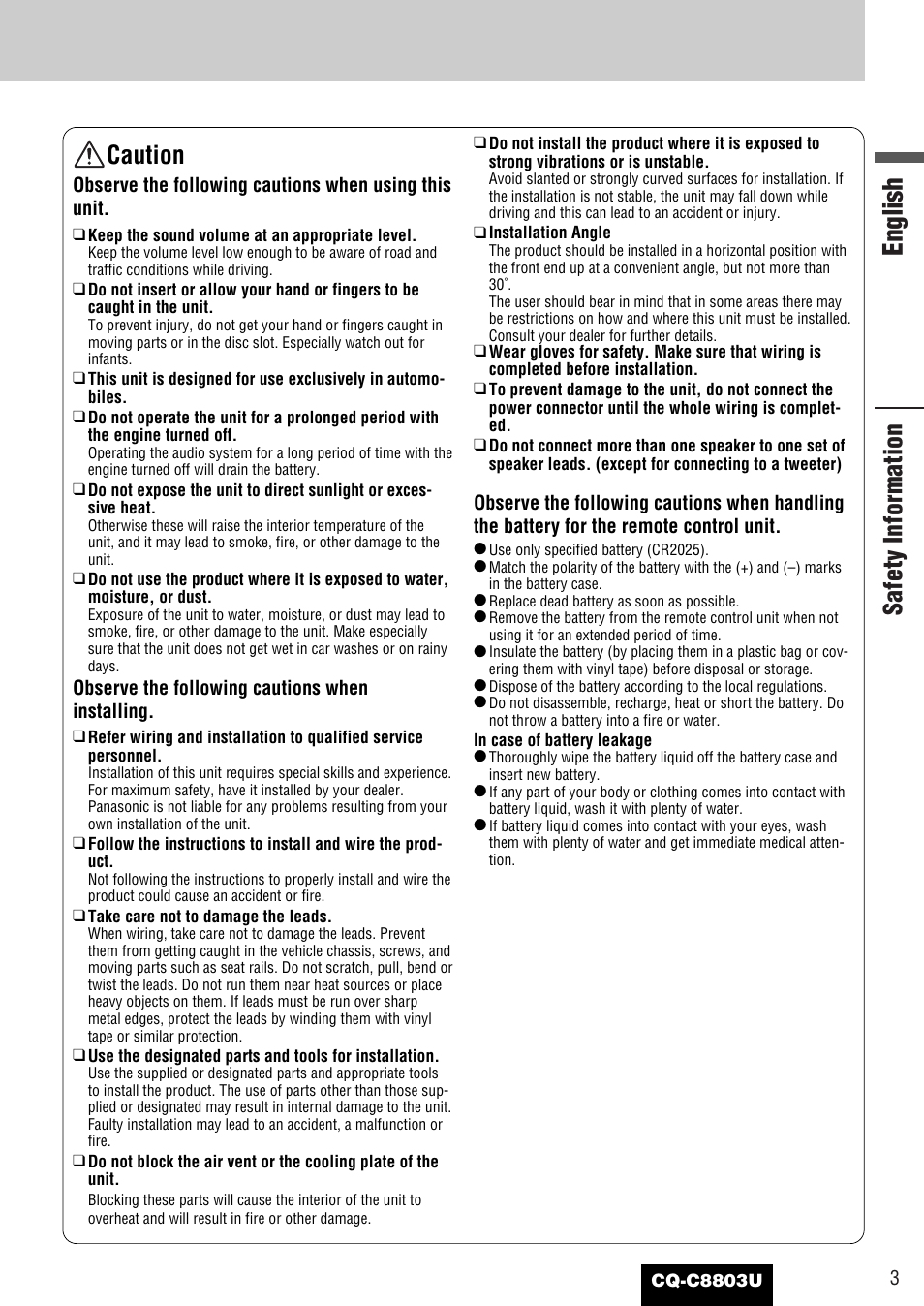 English, Safety information, Caution | Panasonic CQ-C8803U User Manual | Page 3 / 120