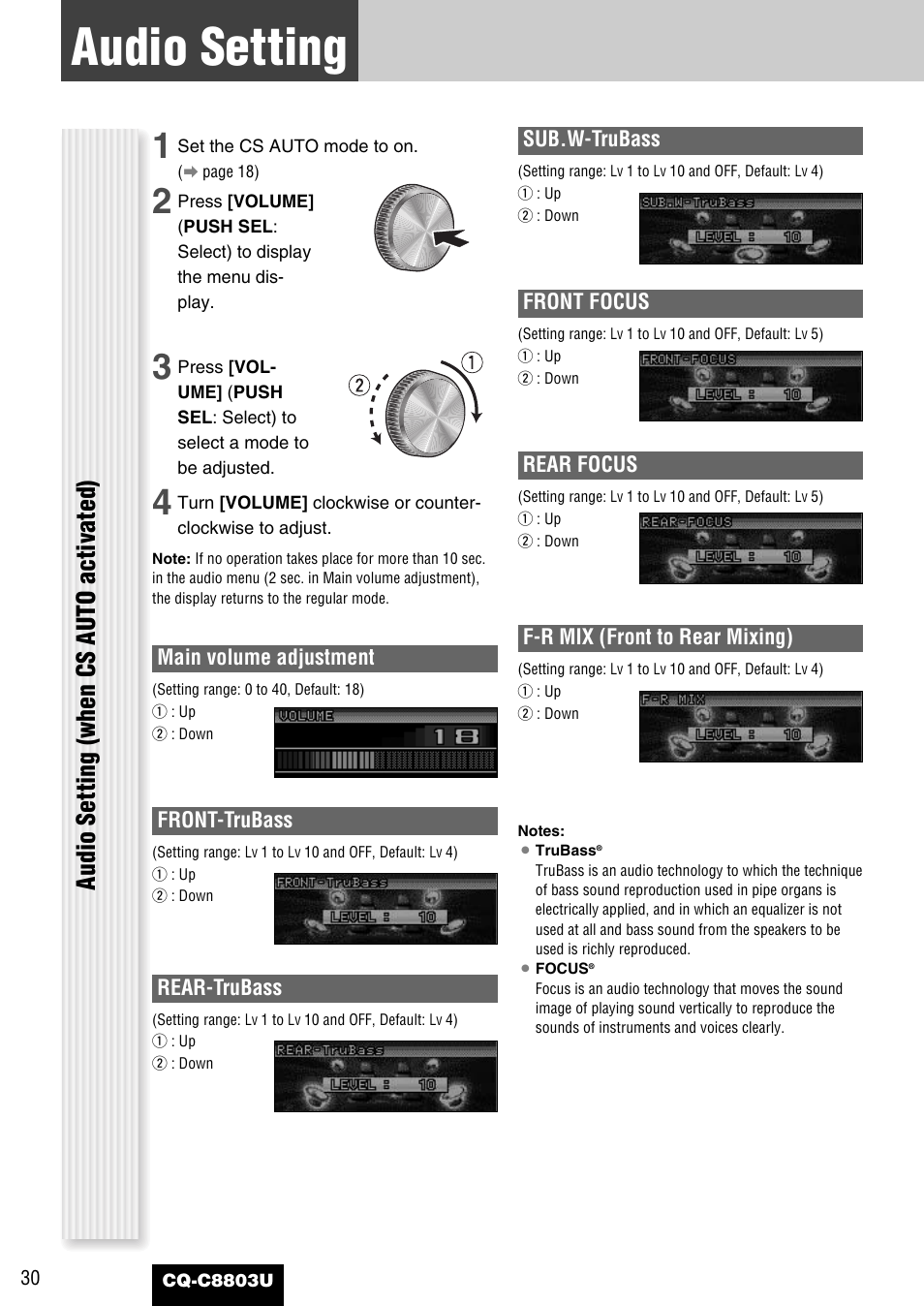 As needed, Audio setting, Audio setting (when cs auto activated) | Panasonic CQ-C8803U User Manual | Page 30 / 120
