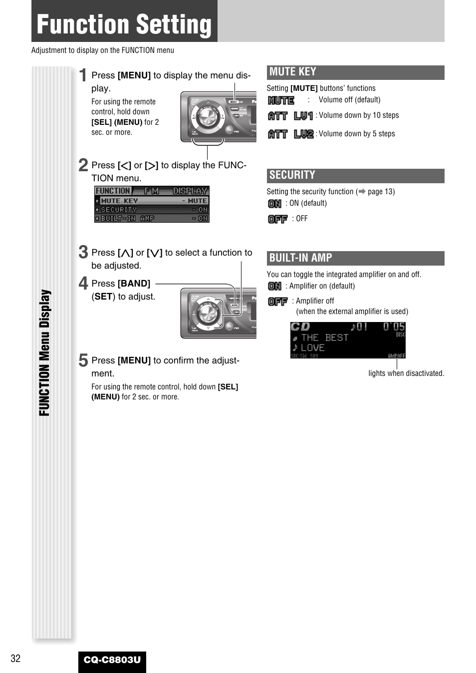Function setting (security function setting etc.), Function setting, Function menu display | Panasonic CQ-C8803U User Manual | Page 32 / 120