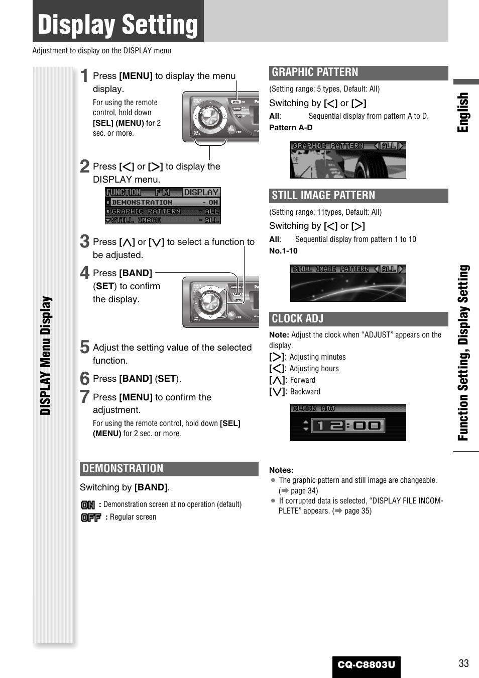 Display setting, English, Function setting, display setting | Displa y menu display | Panasonic CQ-C8803U User Manual | Page 33 / 120
