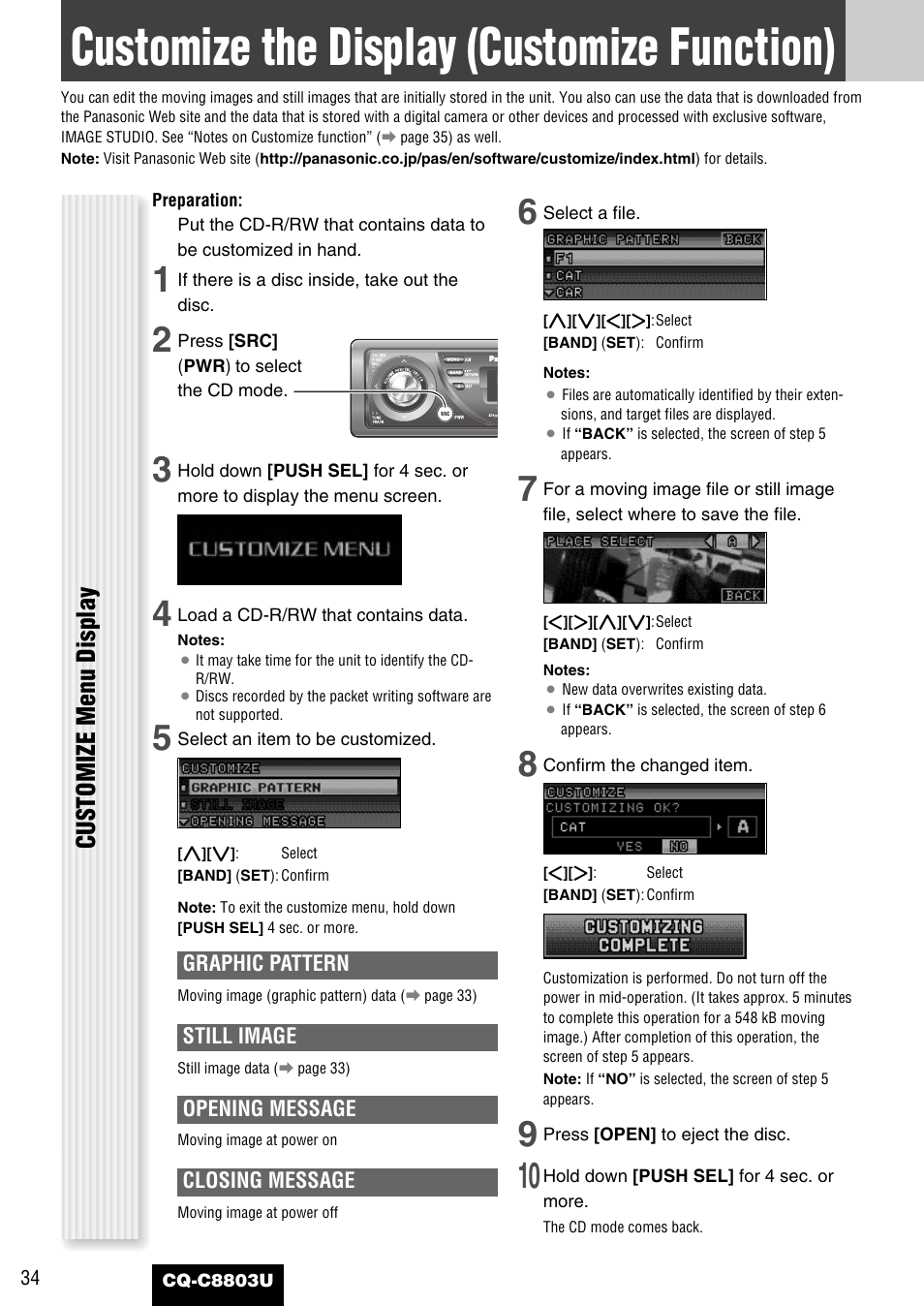 Customize the display (customize function), Customize menu display | Panasonic CQ-C8803U User Manual | Page 34 / 120