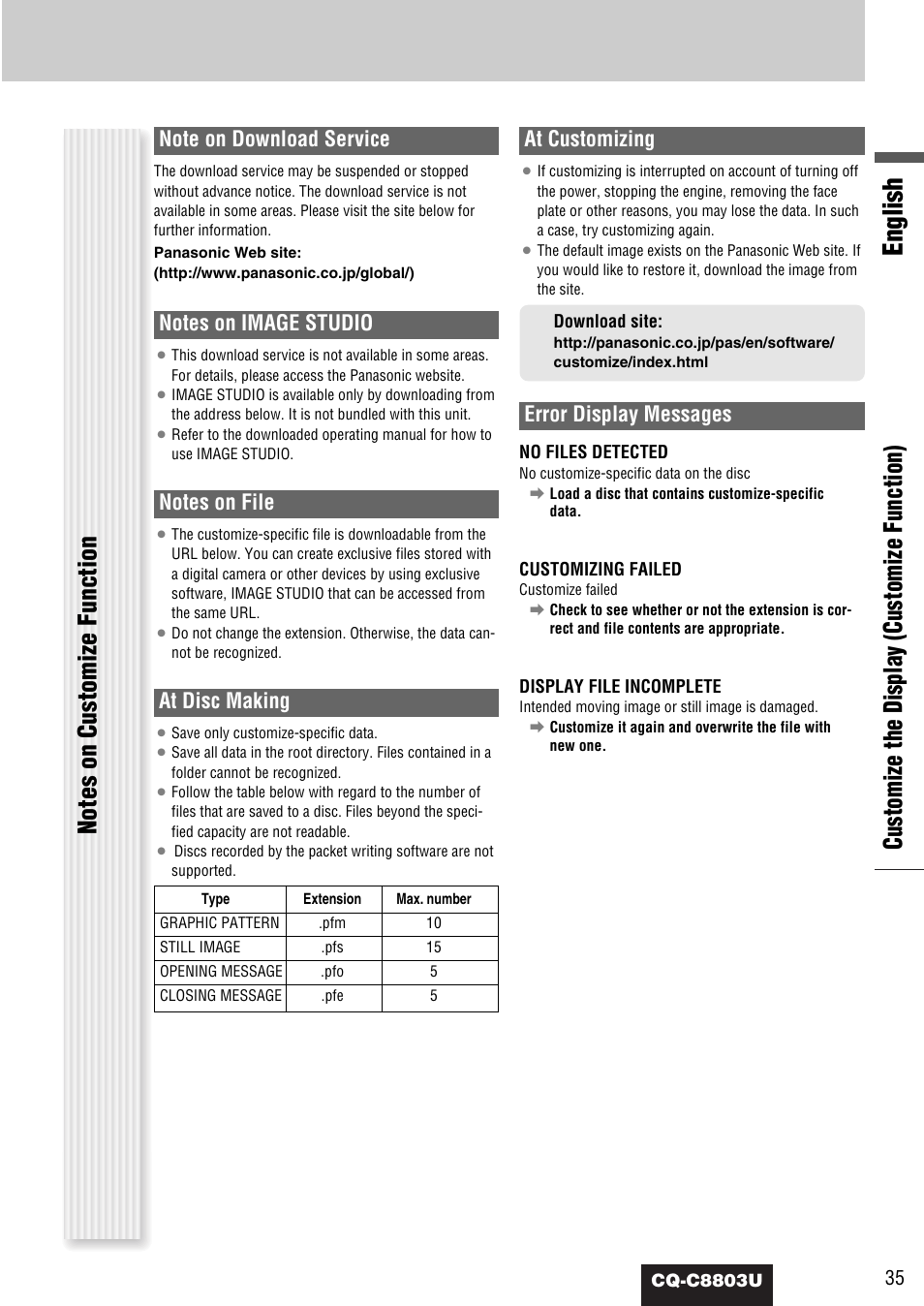English, At disc making, At customizing | Error display messages | Panasonic CQ-C8803U User Manual | Page 35 / 120