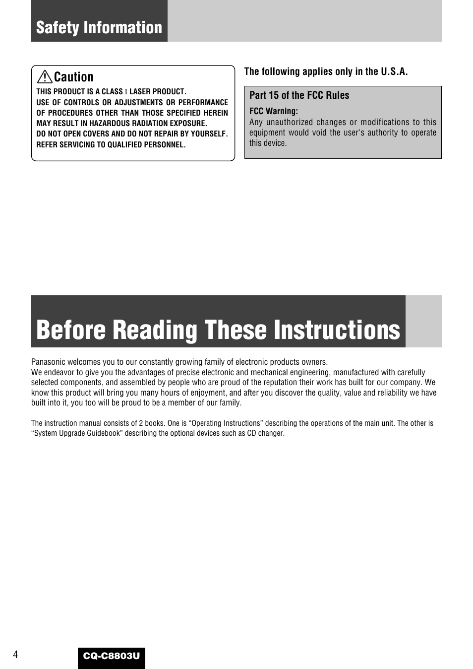 Before reading these instructions, Safety information | Panasonic CQ-C8803U User Manual | Page 4 / 120