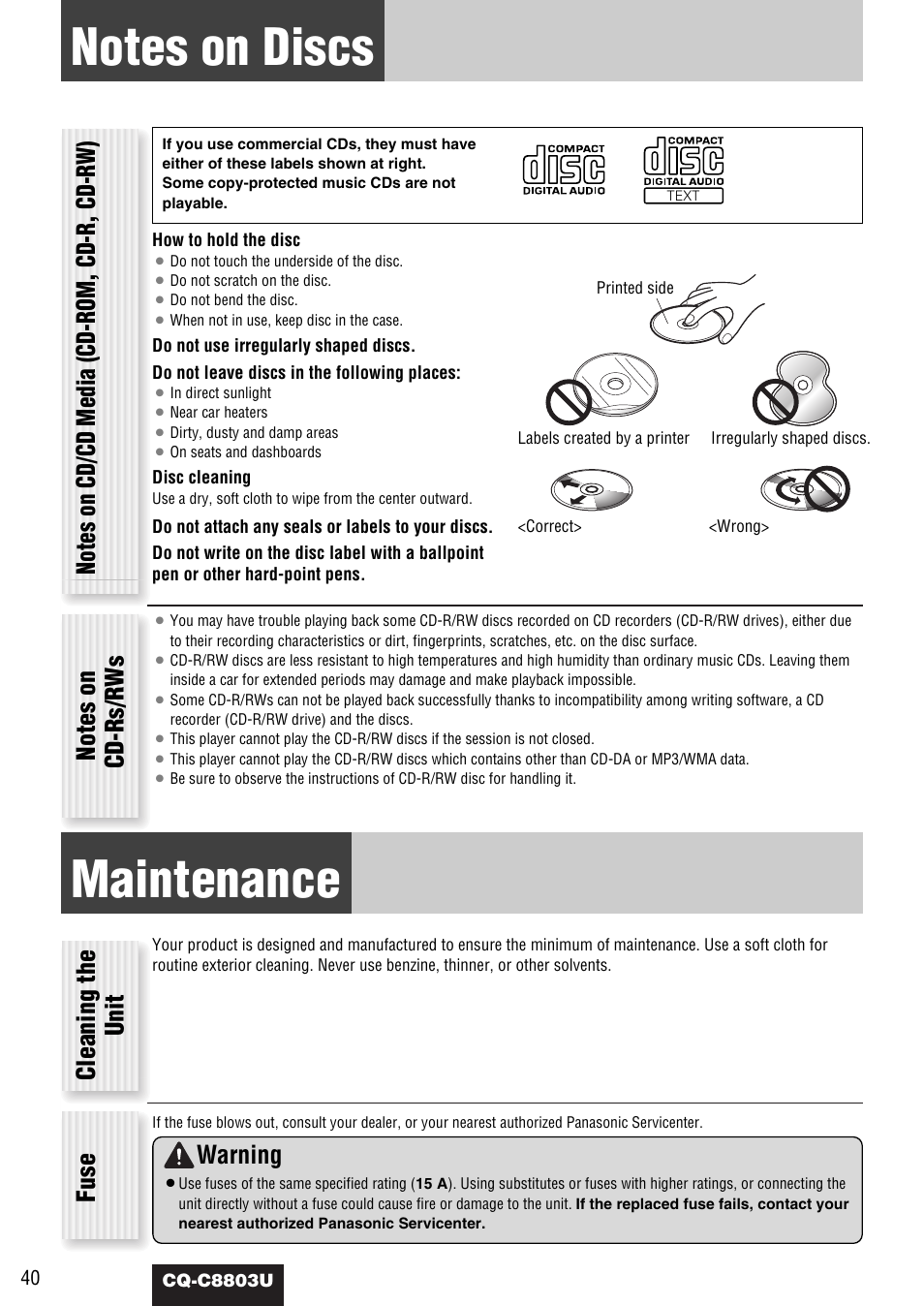 Notes on discs, Maintenance, Cleaning the unit fuse | Warning | Panasonic CQ-C8803U User Manual | Page 40 / 120