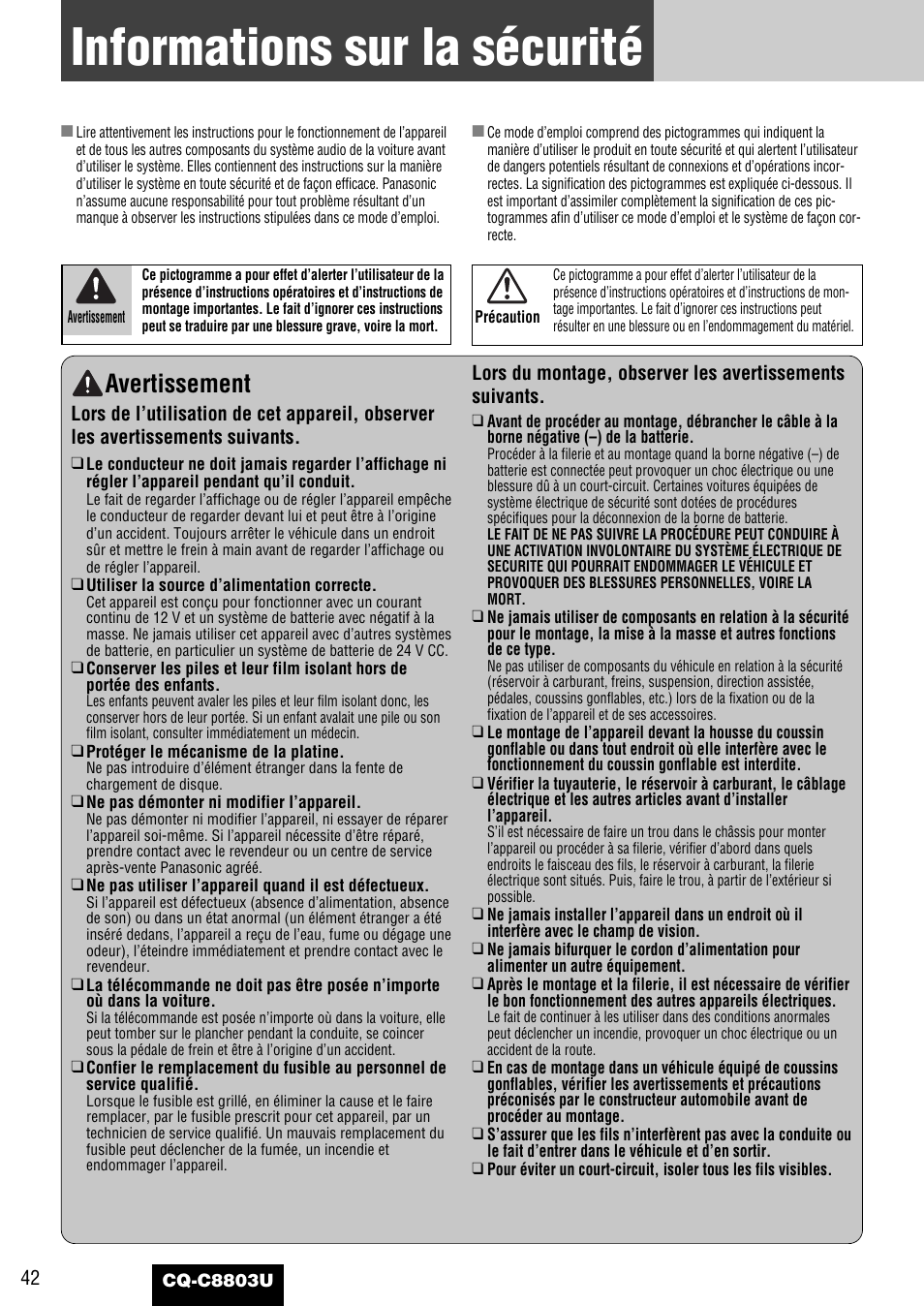 Rubriques communes, Informations sur la securite, Informations sur la sécurité | Avertissement | Panasonic CQ-C8803U User Manual | Page 42 / 120