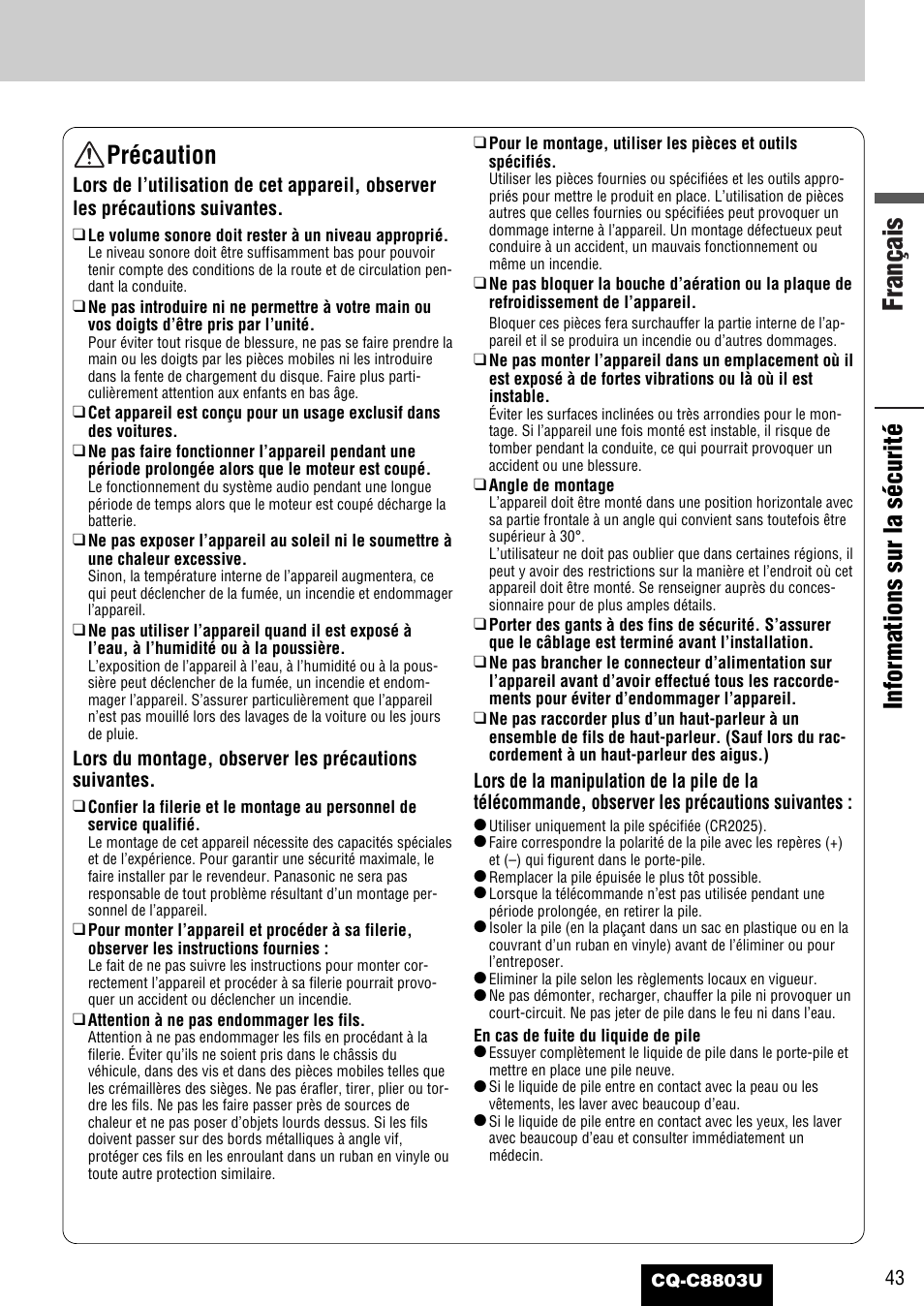 Français, Informations sur la sécurité, Précaution | Panasonic CQ-C8803U User Manual | Page 43 / 120