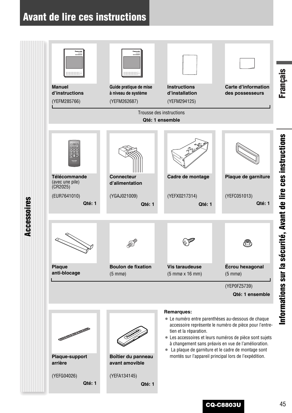Avant de lire ces instructions, Français, Accessoires | Cq-c8803u | Panasonic CQ-C8803U User Manual | Page 45 / 120