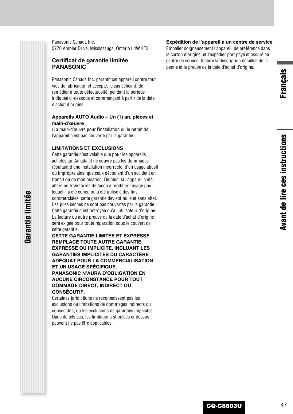 Français, Garantie limitée a vant de lire ces instructions | Panasonic CQ-C8803U User Manual | Page 47 / 120