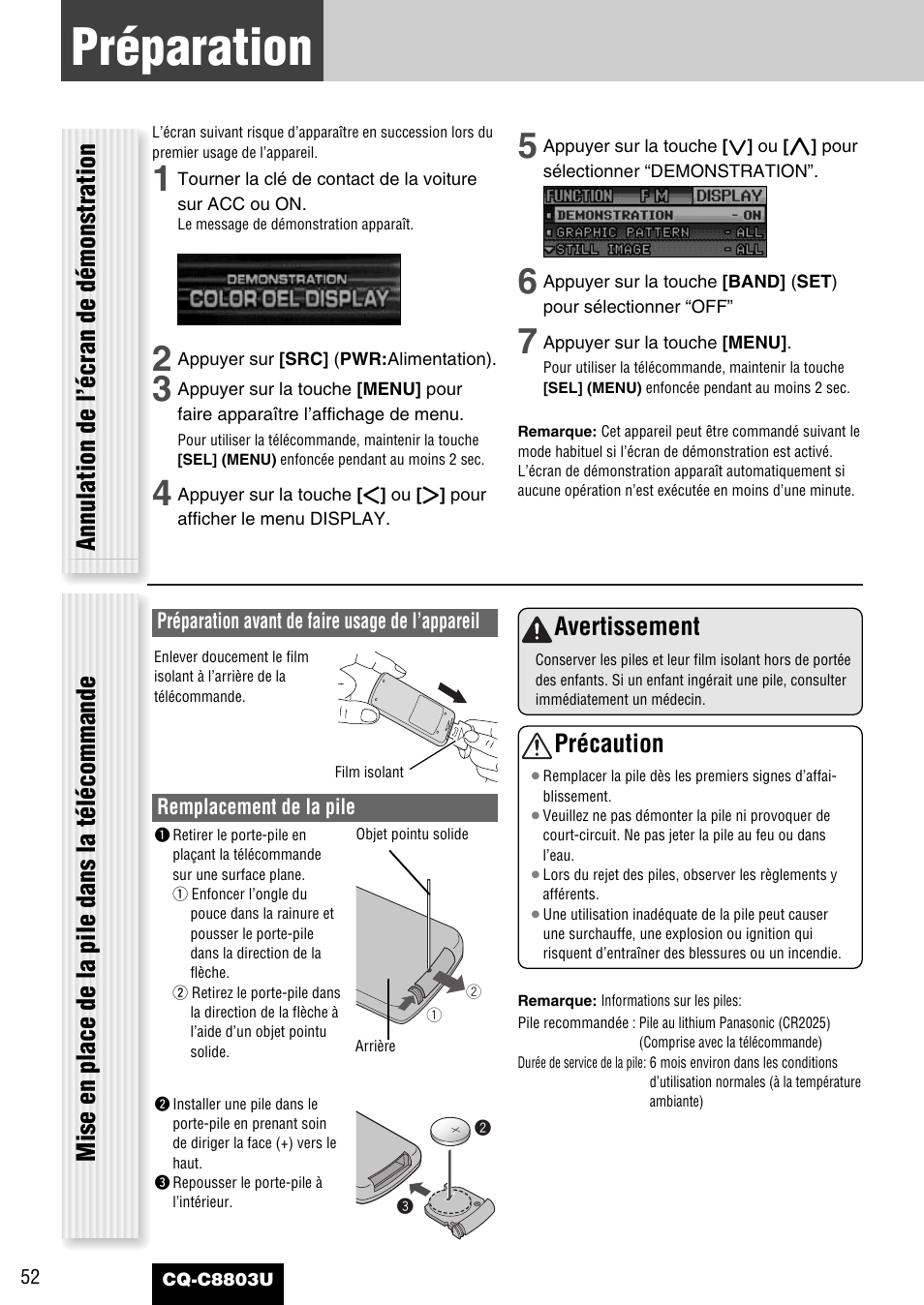 Preparation (reglage de l'horloge, etc.), Préparation, Mise en place de la pile dans la télécommande | Avertissement, Précaution, Annulation de l’écran de démonstration | Panasonic CQ-C8803U User Manual | Page 52 / 120