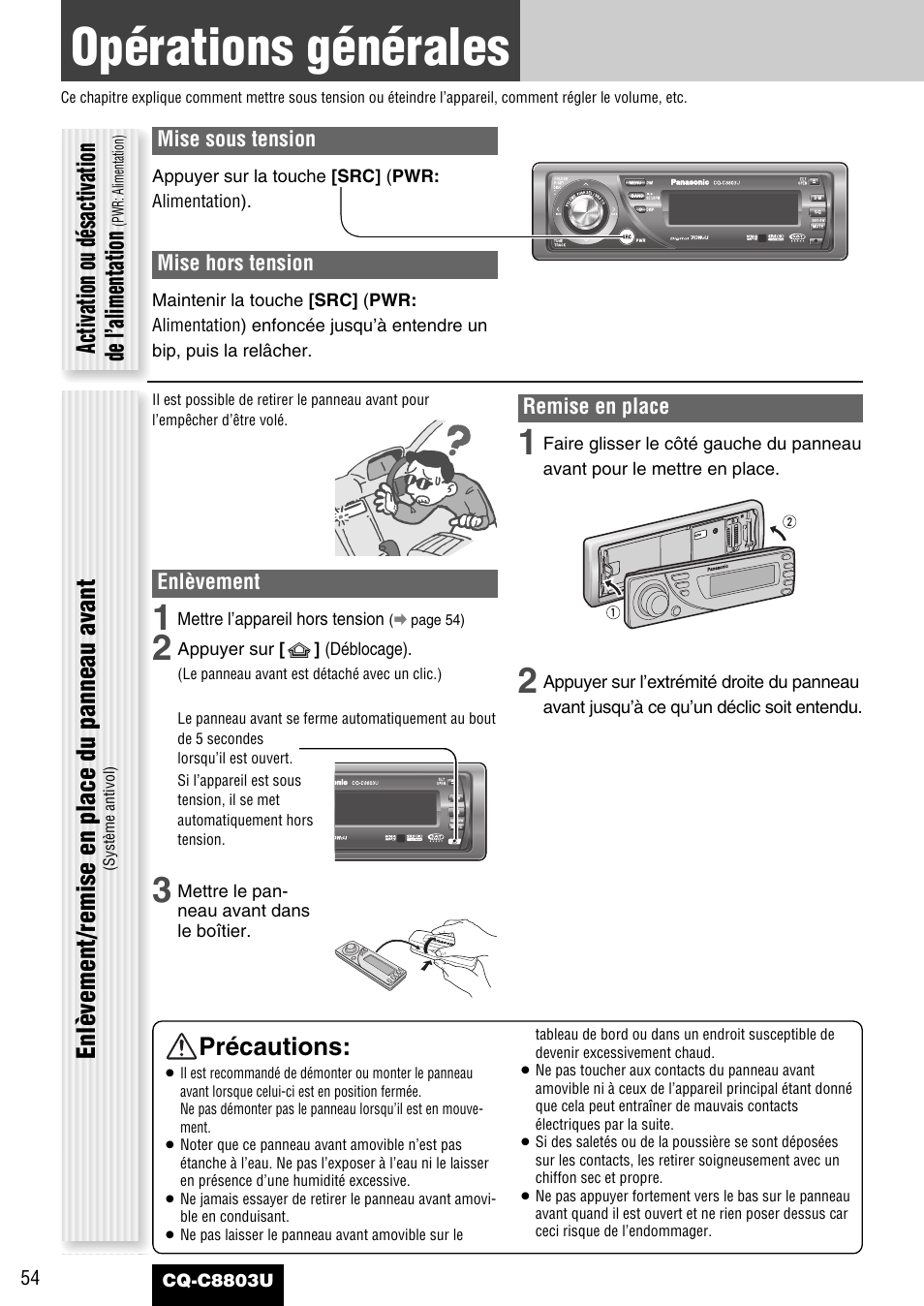 Operations generales, Opérations générales, Précautions | Activation ou désactivation de l’alimentation, Enlèvement/remise en place du panneau avant | Panasonic CQ-C8803U User Manual | Page 54 / 120