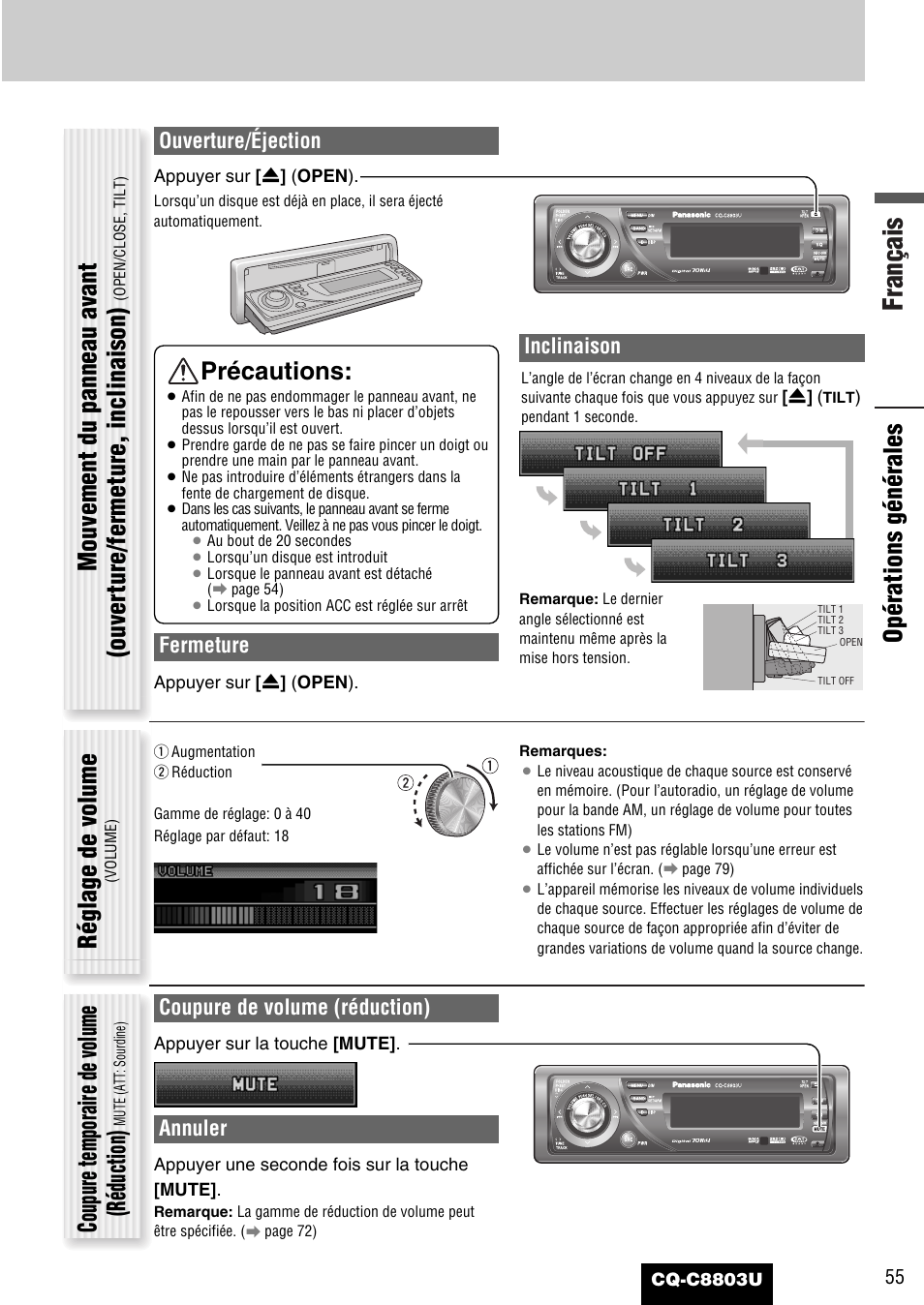 Français, Réglage de volume, Coupure temporaire de volume (réduction) | Précautions, Ouverture/éjection, Fermeture, Inclinaison, Coupure de volume (réduction), Annuler | Panasonic CQ-C8803U User Manual | Page 55 / 120