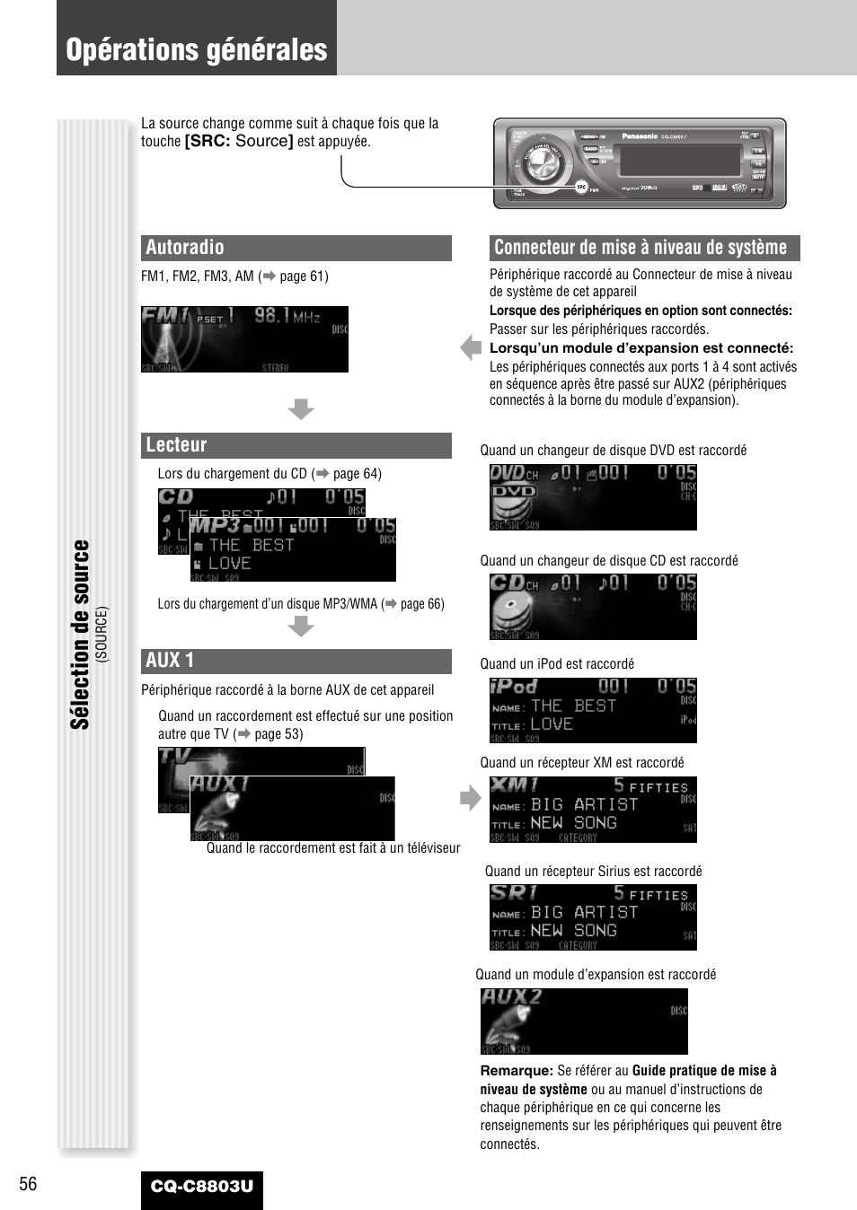 Opérations générales, Sélection de source, Autoradio | Lecteur, Aux 1, Connecteur de mise à niveau de système | Panasonic CQ-C8803U User Manual | Page 56 / 120