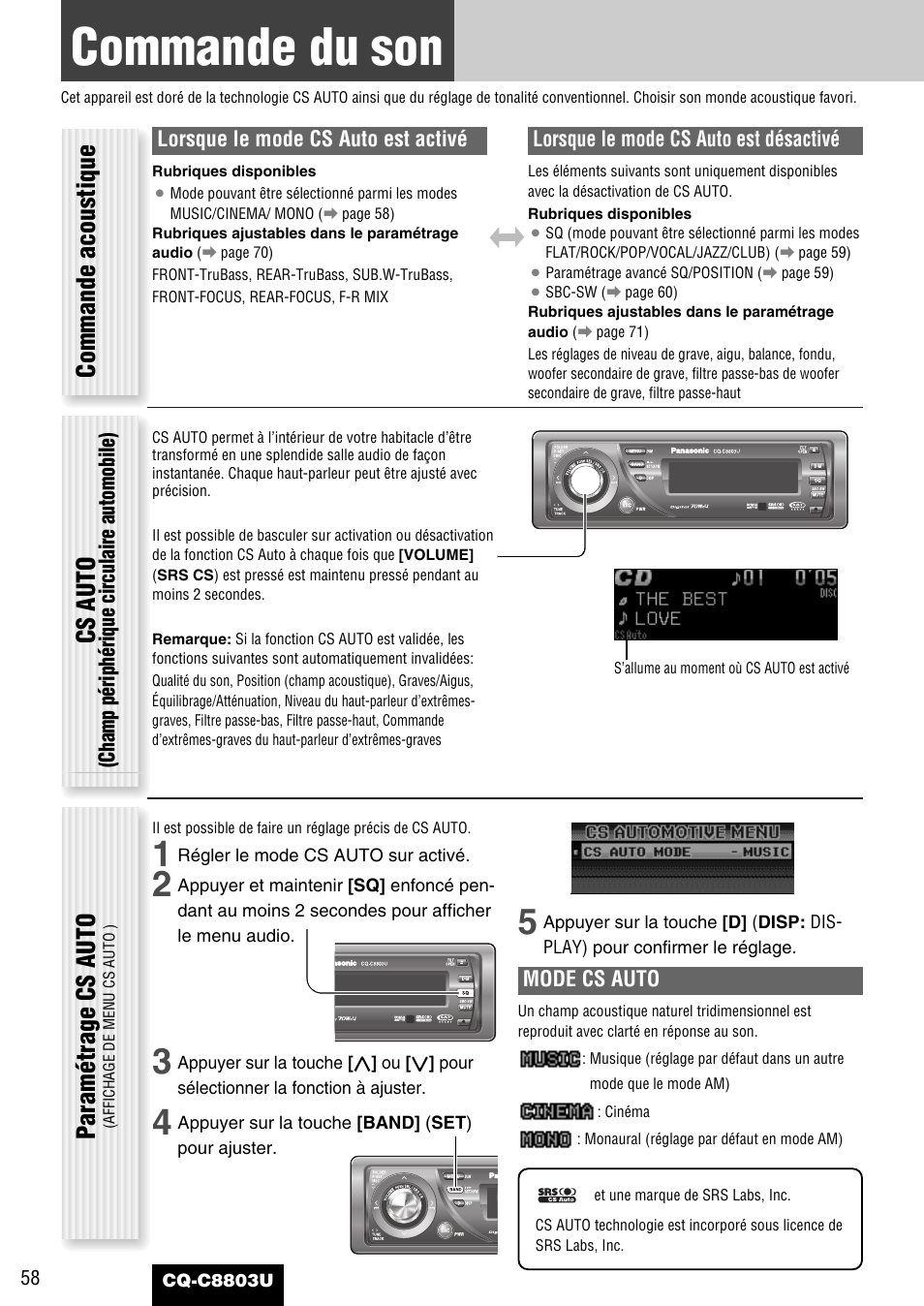 Commande du son, Paramétrage cs auto, Cs auto | Commande acoustique, Mode cs auto, Lorsque le mode cs auto est activé, Lorsque le mode cs auto est désactivé, Champ périphérique circulaire automobile) | Panasonic CQ-C8803U User Manual | Page 58 / 120