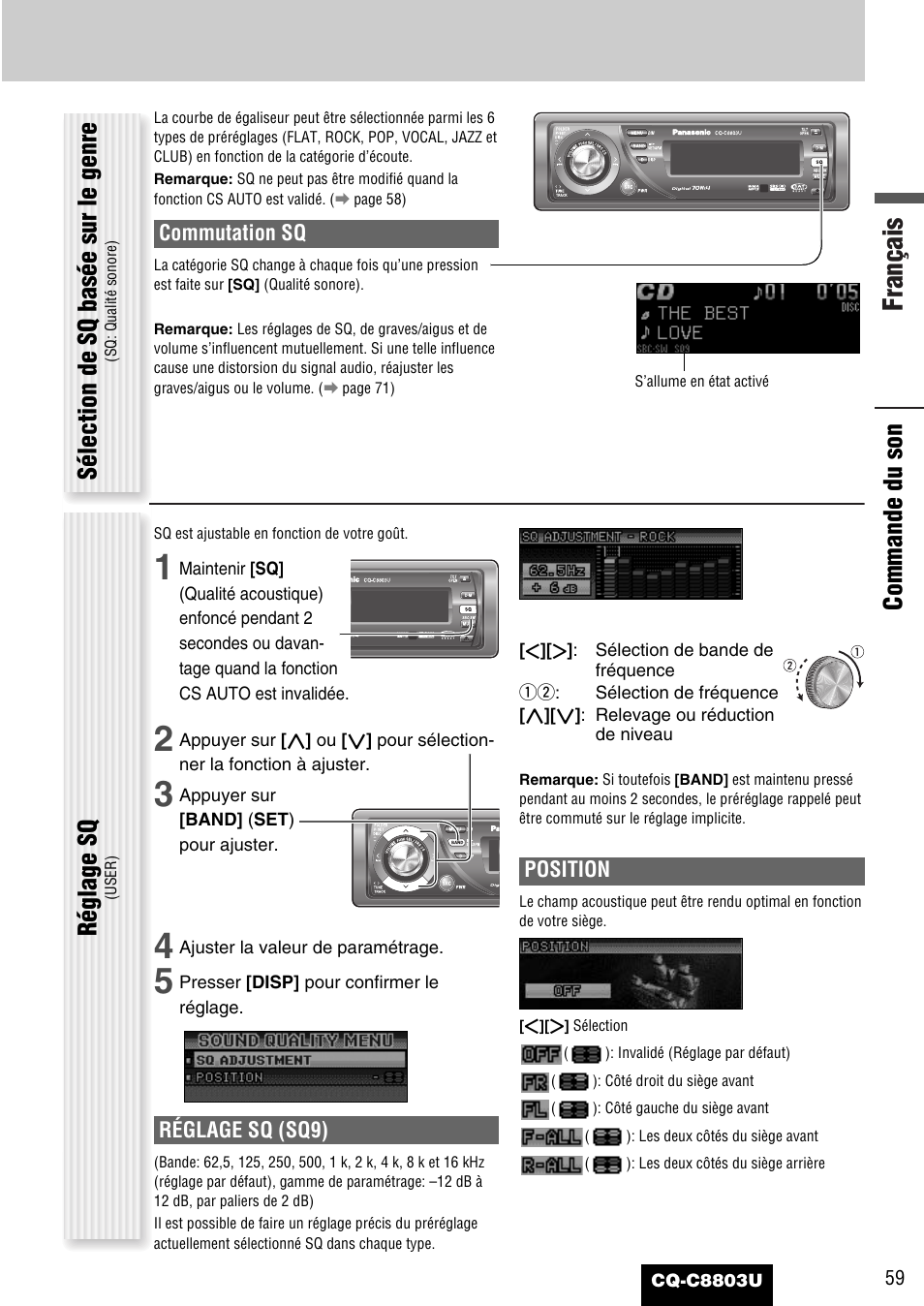 Français, Commande du son, Sélection de sq basée sur le genre | Réglage sq, Commutation sq, Réglage sq (sq9), Position | Panasonic CQ-C8803U User Manual | Page 59 / 120