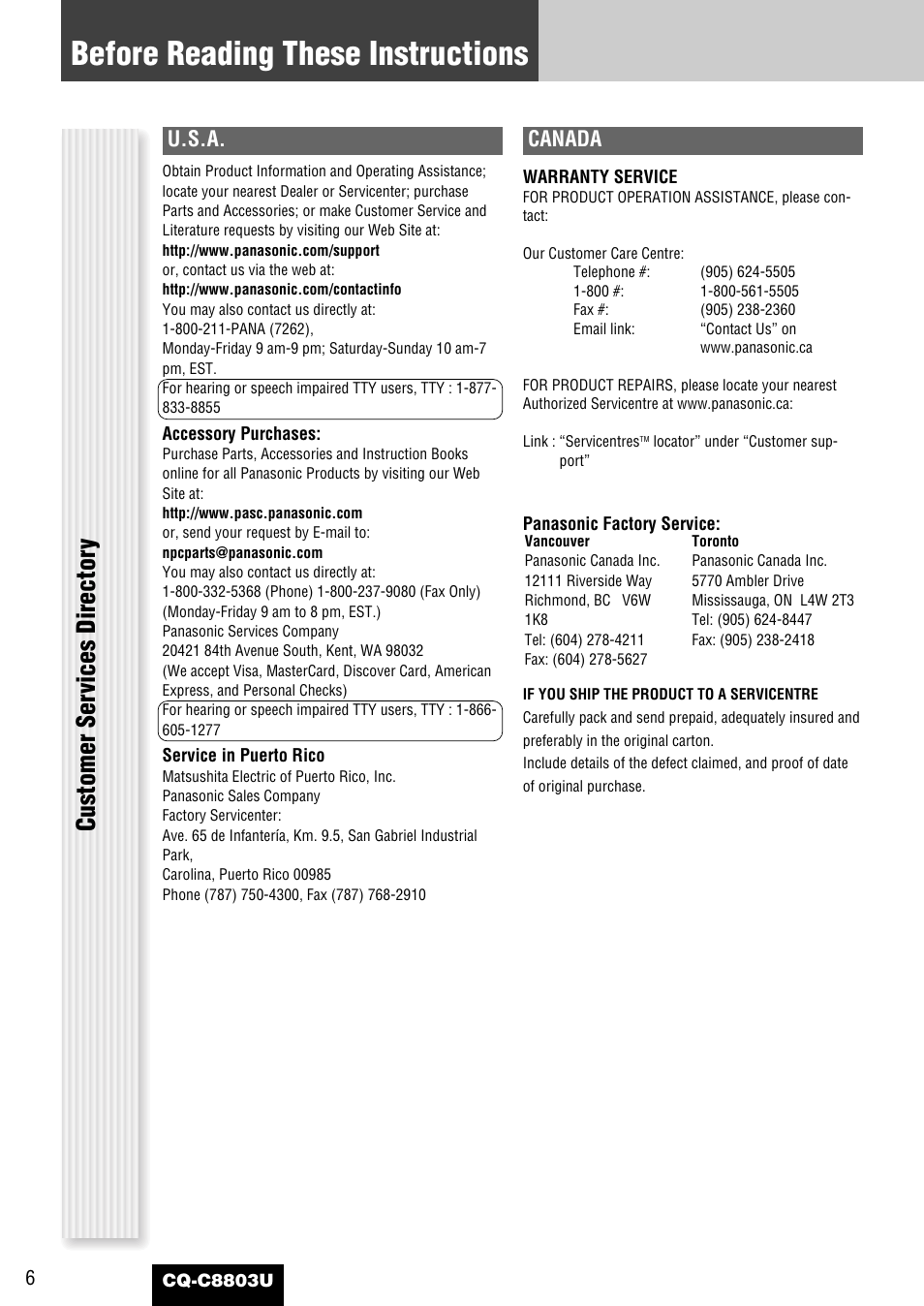 Before reading these instructions, Customer ser vices director y, U.s.a | Canada | Panasonic CQ-C8803U User Manual | Page 6 / 120