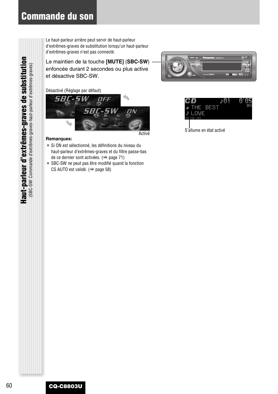 Commande du son, Haut-parleur d’extrêmes-graves de substitution | Panasonic CQ-C8803U User Manual | Page 60 / 120