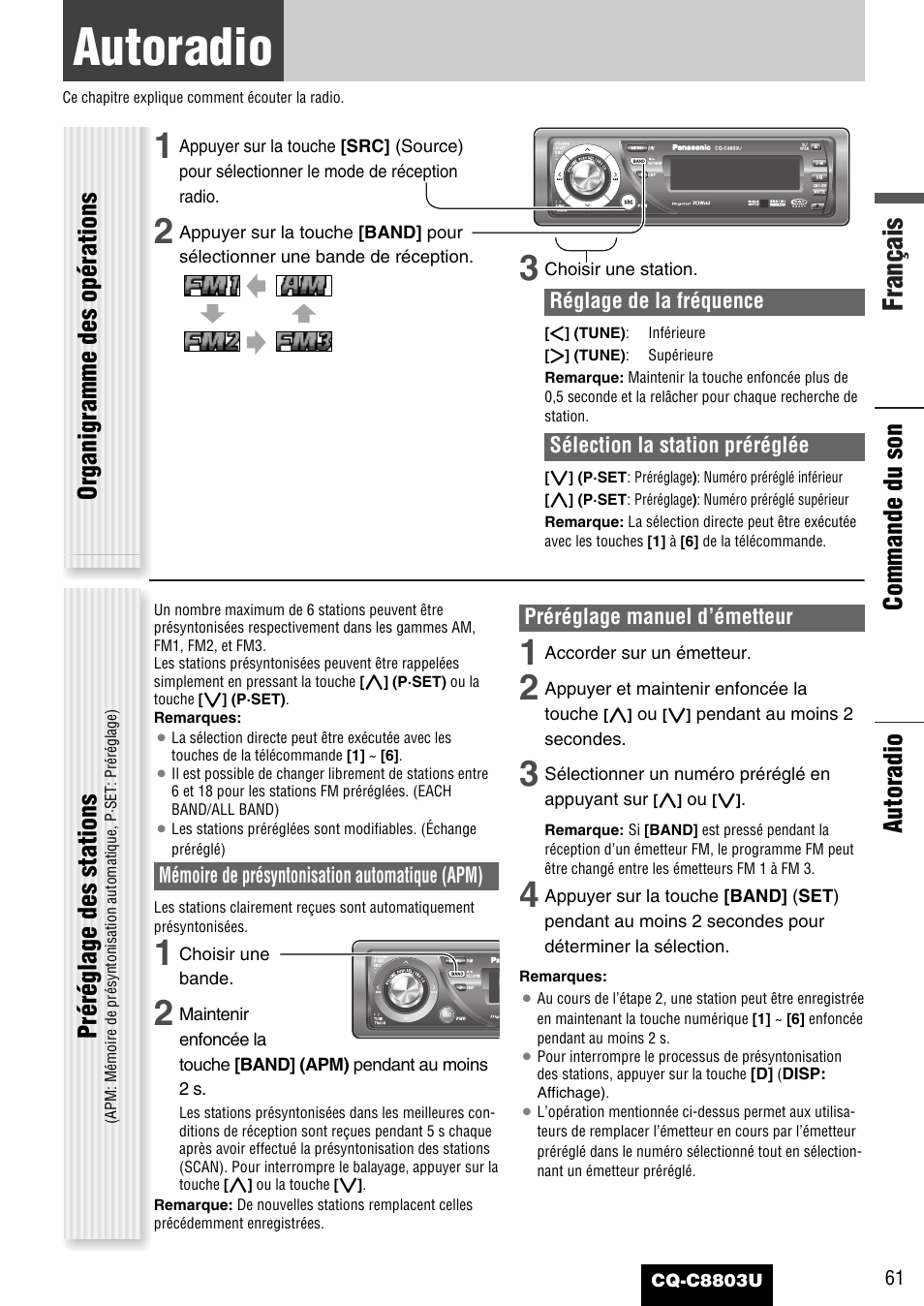 Chaque source, Autoradio, Français | Organigramme des opérations, Commande du son préréglage des stations | Panasonic CQ-C8803U User Manual | Page 61 / 120