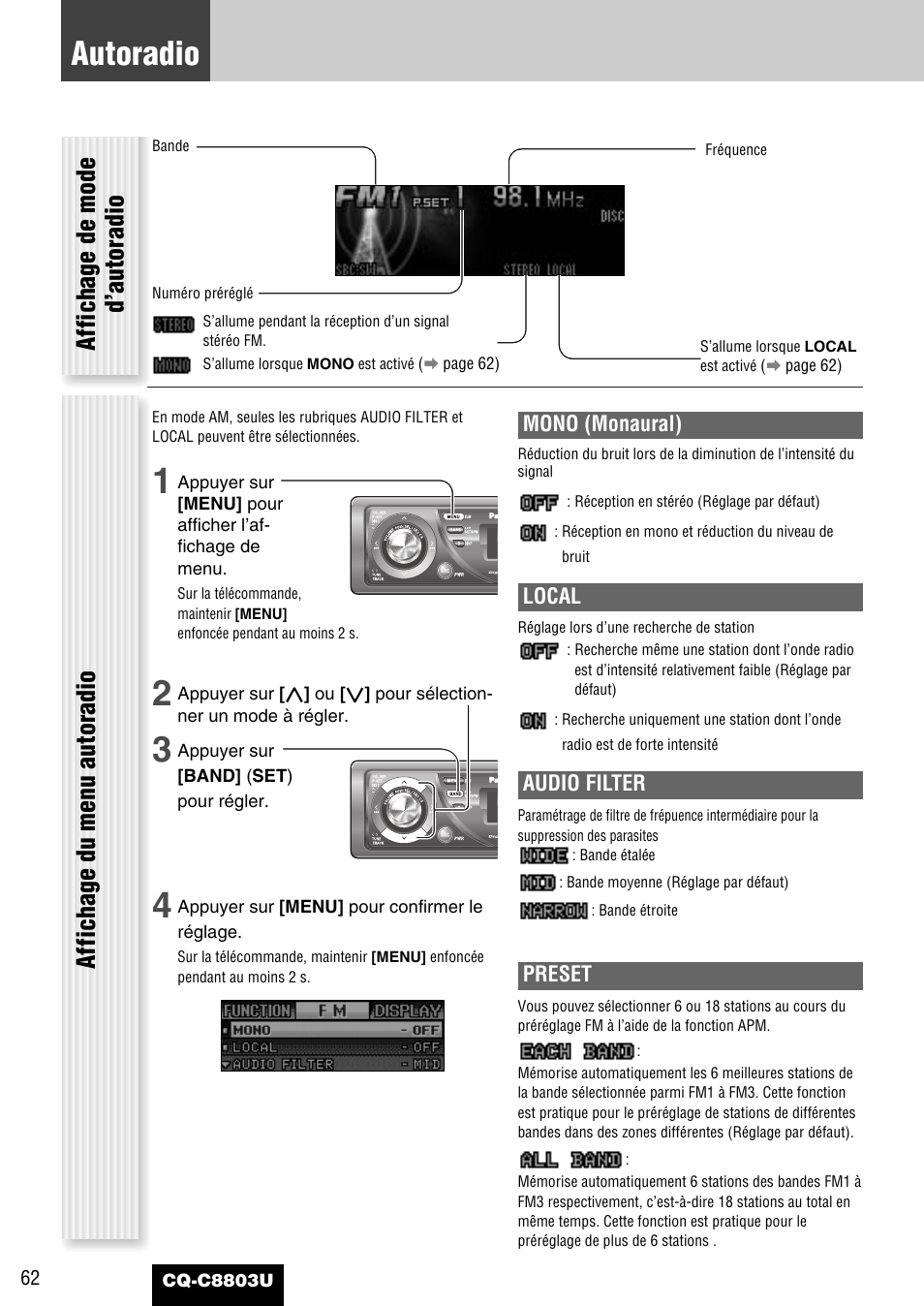 Autoradio, Mono (monaural), Local | Audio filter, Preset | Panasonic CQ-C8803U User Manual | Page 62 / 120