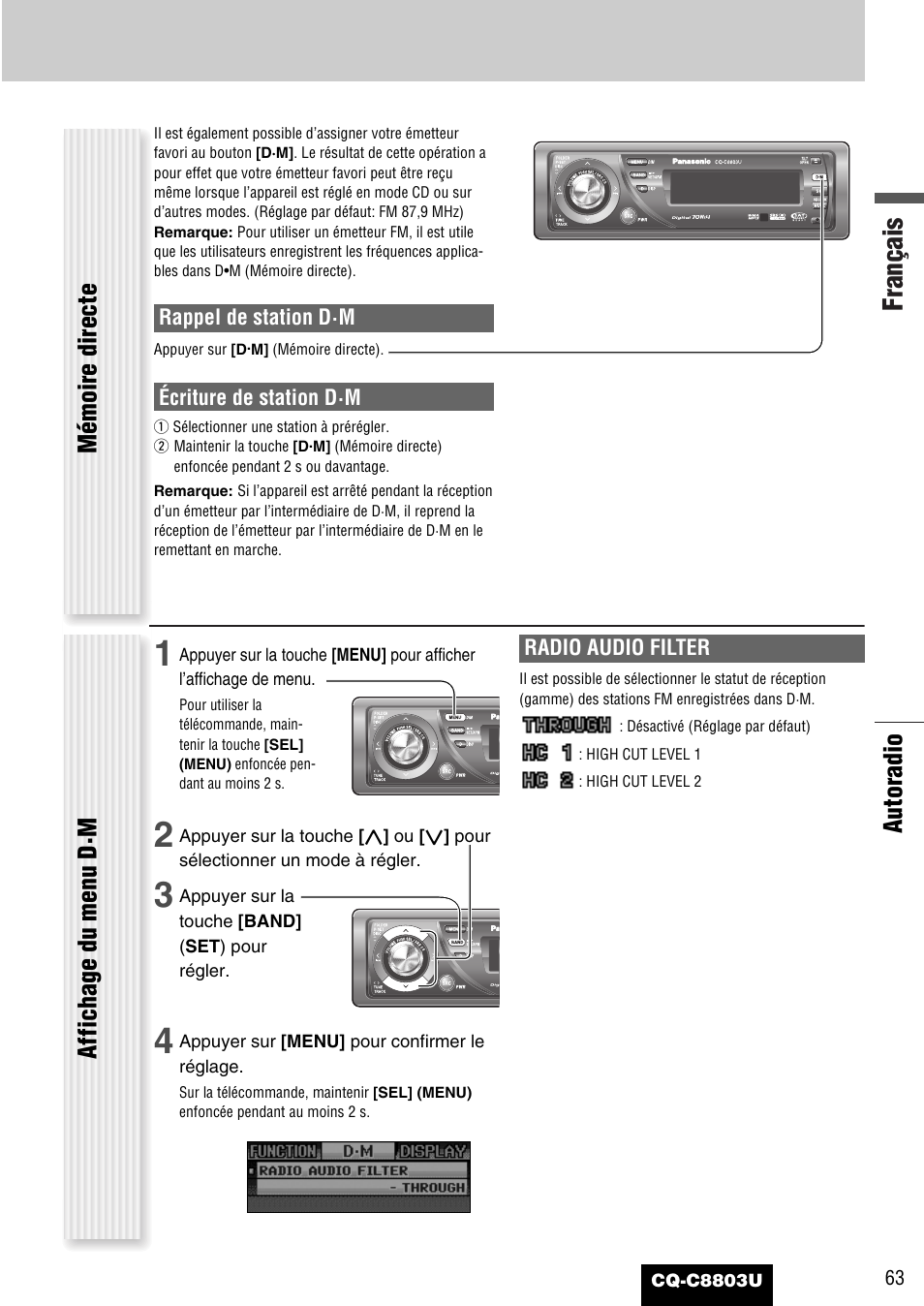 Français, Autoradio, Mémoire directe affichage du menu d·m | Panasonic CQ-C8803U User Manual | Page 63 / 120