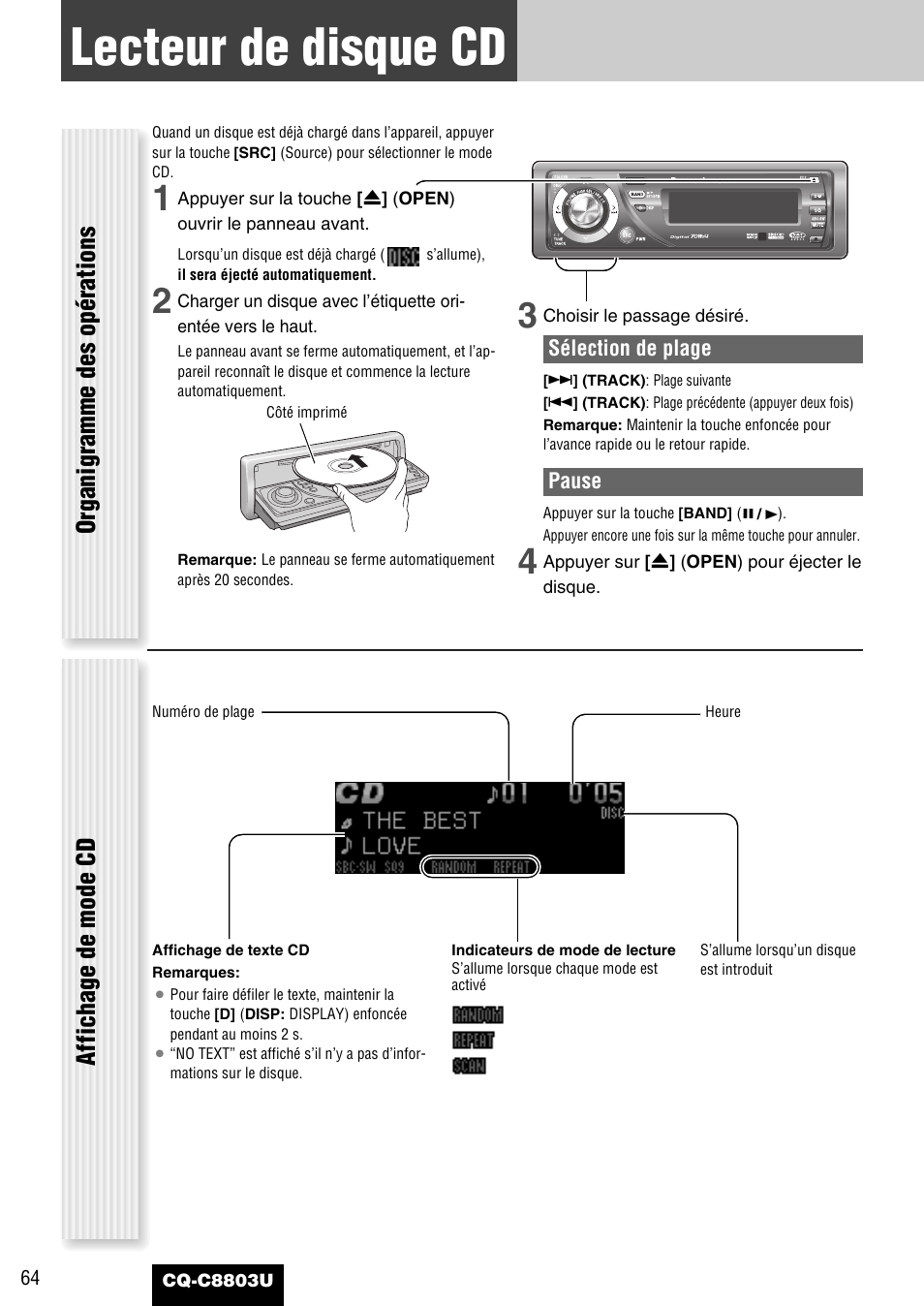 Lecteur de disque cd, Organigramme des opérations affichage de mode cd | Panasonic CQ-C8803U User Manual | Page 64 / 120