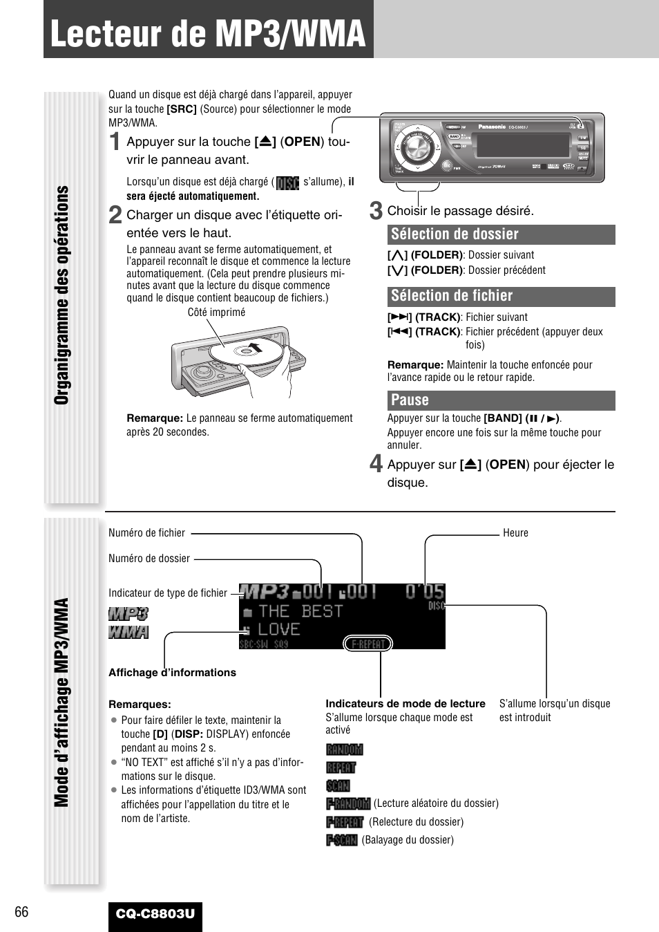 Lecteur de mp3/wma, Organigramme des opérations, Mode d’affichage mp3/wma | Panasonic CQ-C8803U User Manual | Page 66 / 120