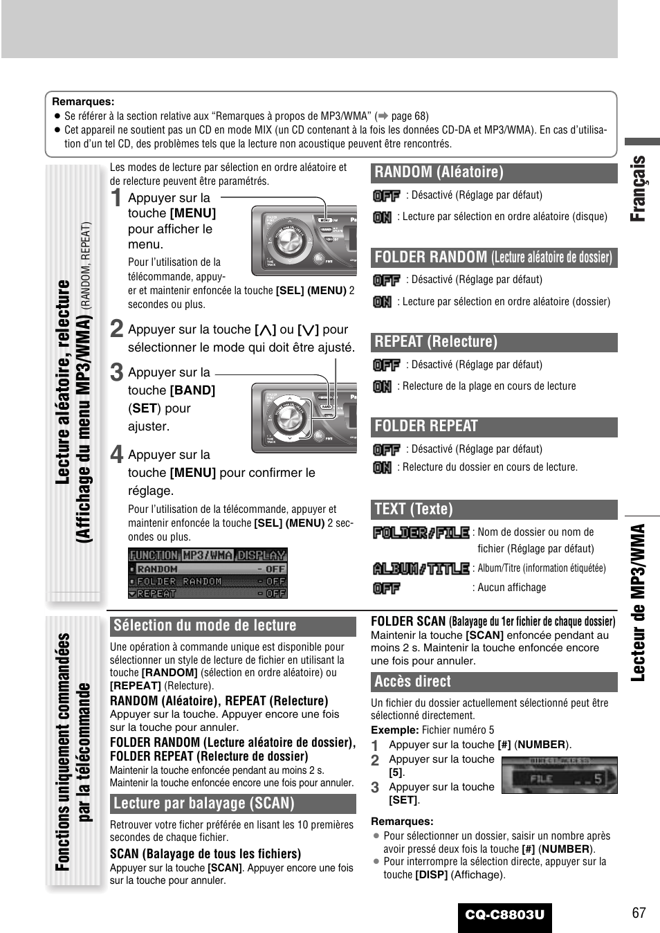 Français, Lecteur de mp3/wma | Panasonic CQ-C8803U User Manual | Page 67 / 120