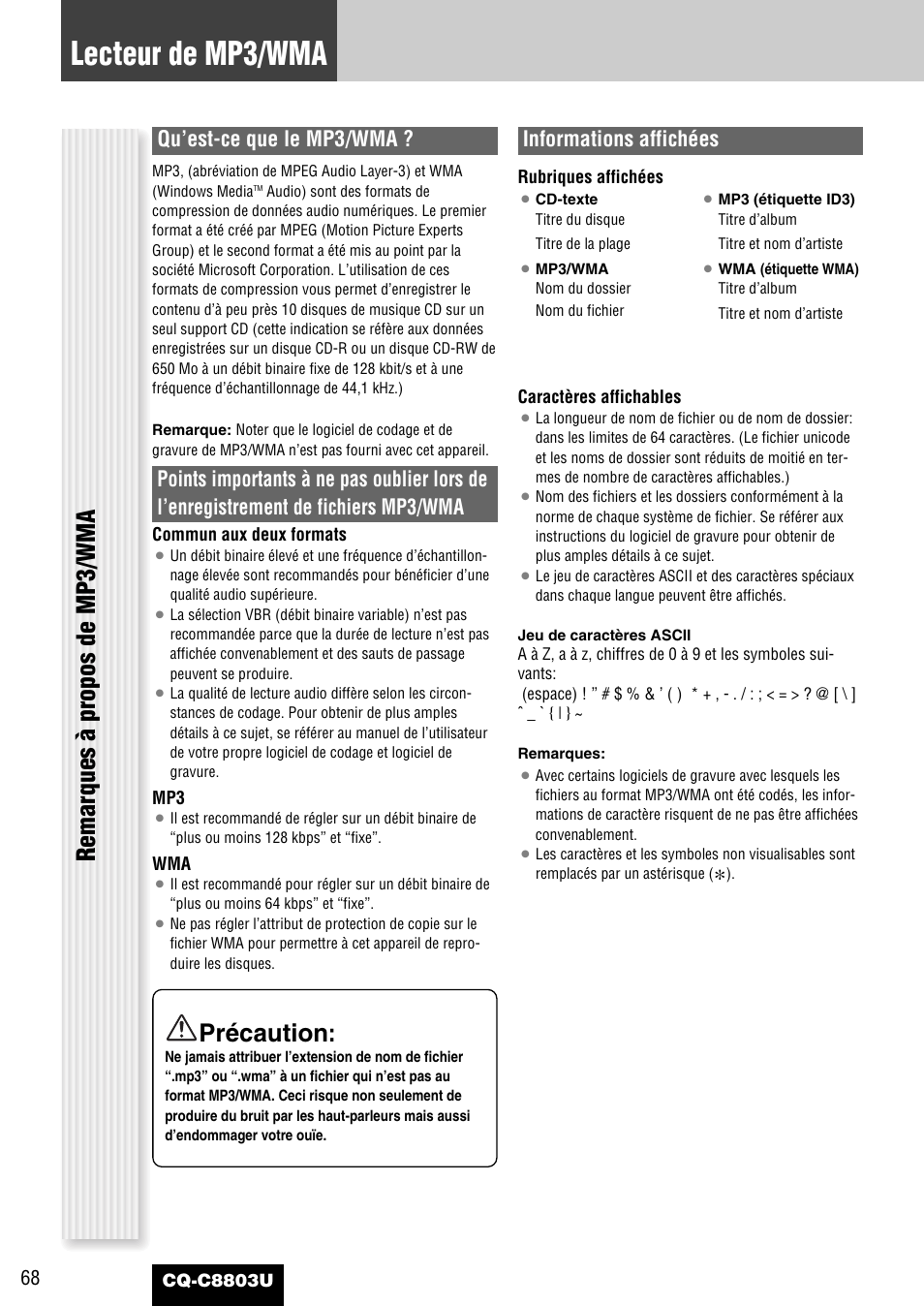 Lecteur de mp3/wma, Précaution, Remarques à propos de mp3/wma | Qu’est-ce que le mp3/wma, Informations affichées | Panasonic CQ-C8803U User Manual | Page 68 / 120