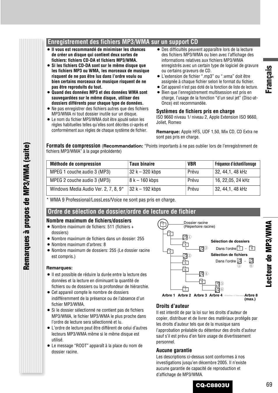 Français, Lecteur de mp3/wma, Remarques à propos de mp3/wma (suite) | Panasonic CQ-C8803U User Manual | Page 69 / 120