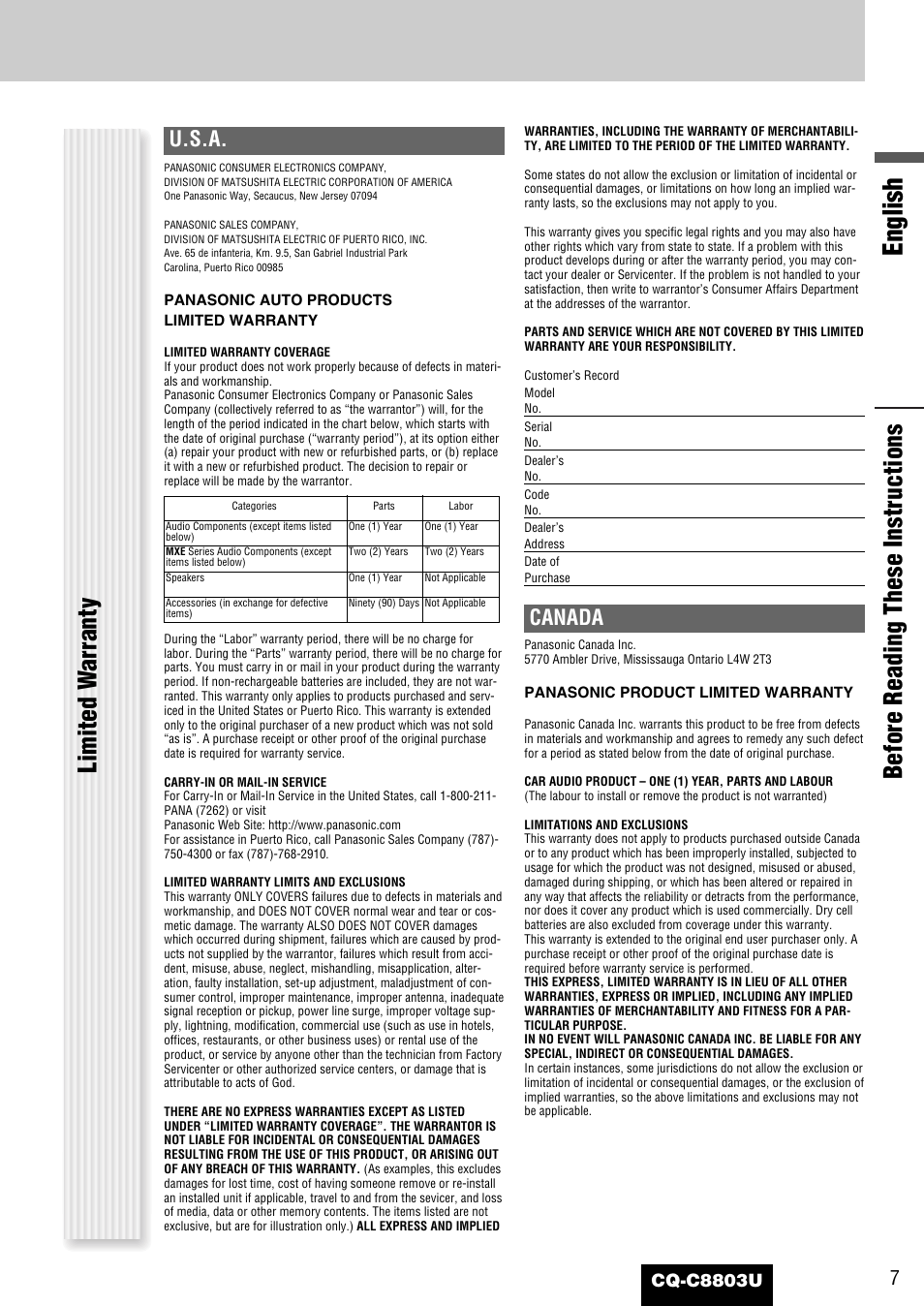 English, U.s.a, Canada | Cq-c8803u | Panasonic CQ-C8803U User Manual | Page 7 / 120