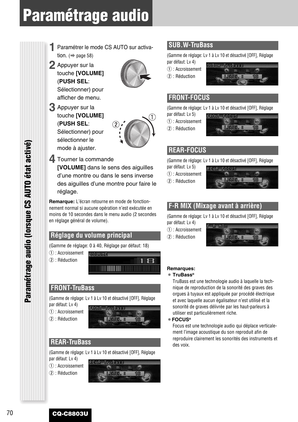 Au besoin, Parametrage audio, Paramétrage audio | Paramétrage audio (lorsque cs auto état activé) | Panasonic CQ-C8803U User Manual | Page 70 / 120