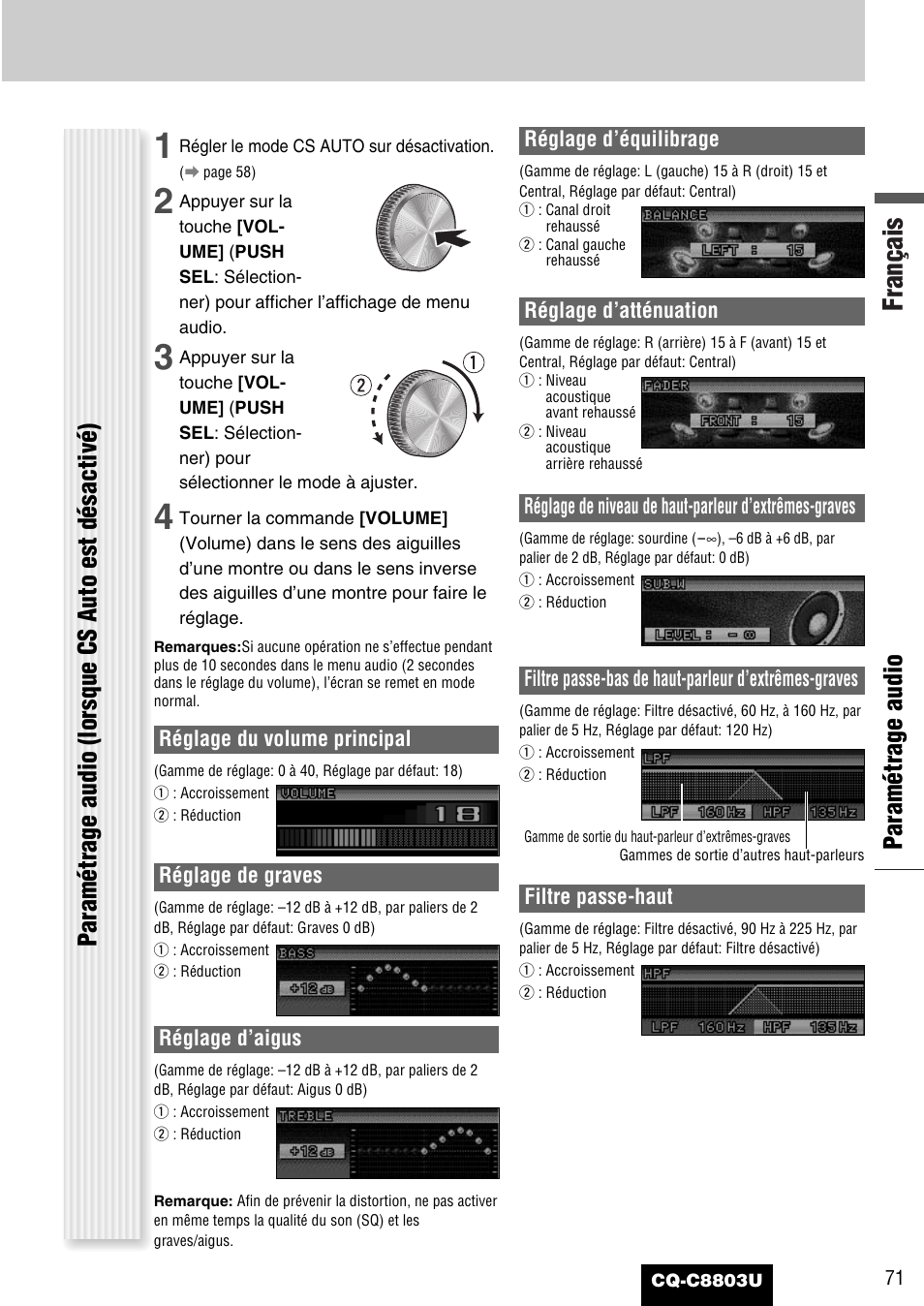 Français, Paramétrage audio (lorsque cs auto est désactivé), Paramétrage audio | Panasonic CQ-C8803U User Manual | Page 71 / 120