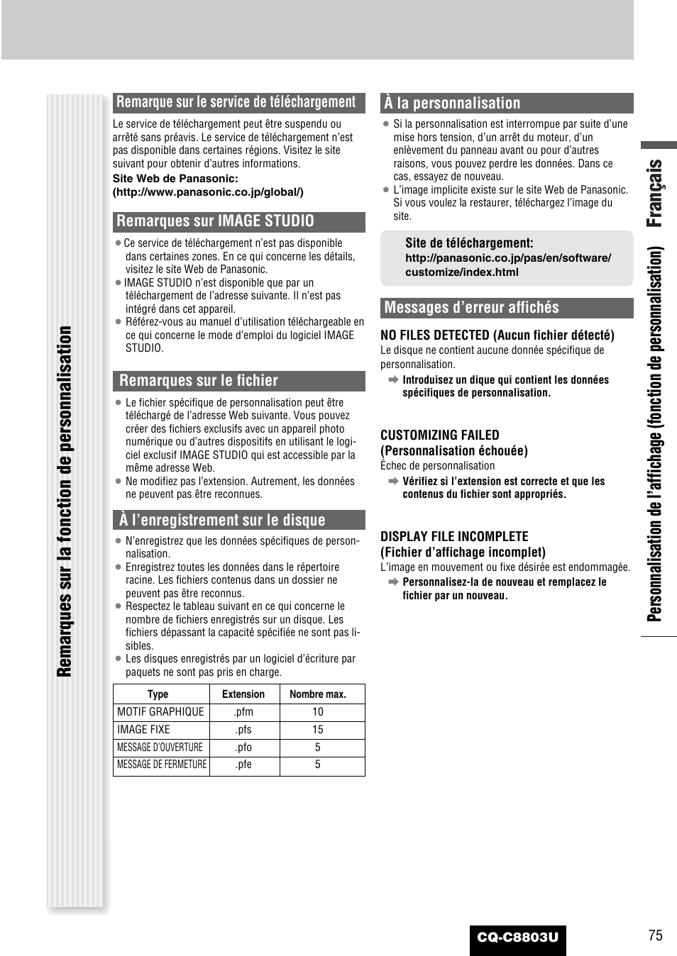 Français, Remarque sur le service de téléchargement, Remarques sur image studio | Remarques sur le fichier, À l’enregistrement sur le disque, À la personnalisation, Messages d’erreur affichés | Panasonic CQ-C8803U User Manual | Page 75 / 120