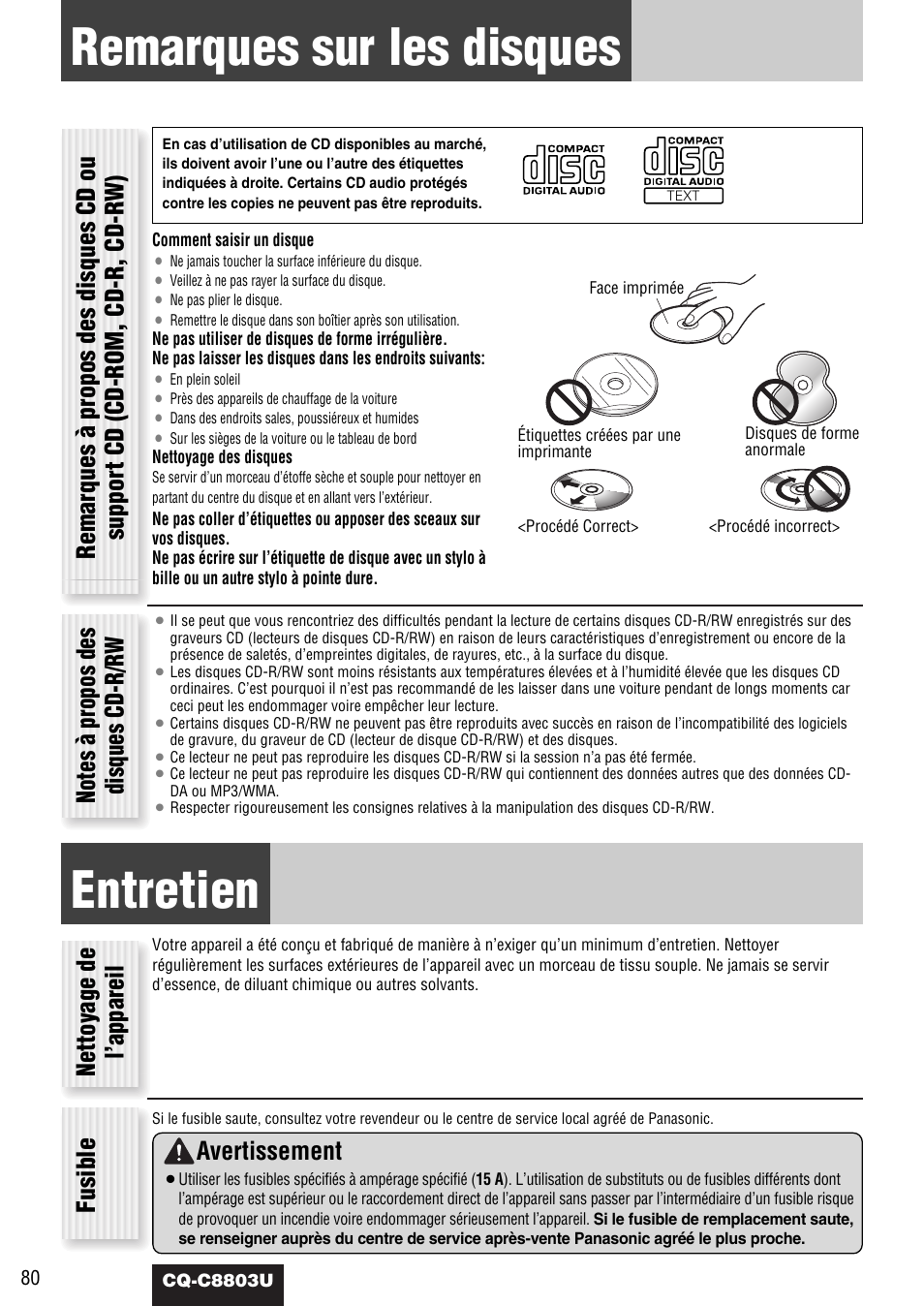 Remarques sur les disques, Entretien, Nettoyage de l’appareil fusible | Avertissement | Panasonic CQ-C8803U User Manual | Page 80 / 120