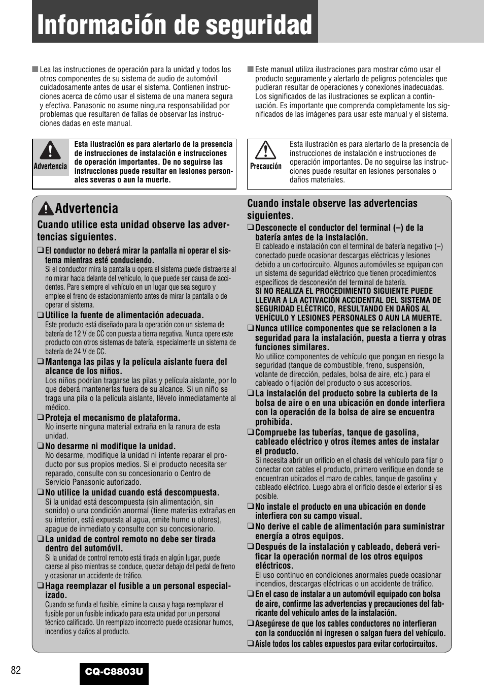 Comon, Information de seguridad, Información de seguridad | Advertencia | Panasonic CQ-C8803U User Manual | Page 82 / 120