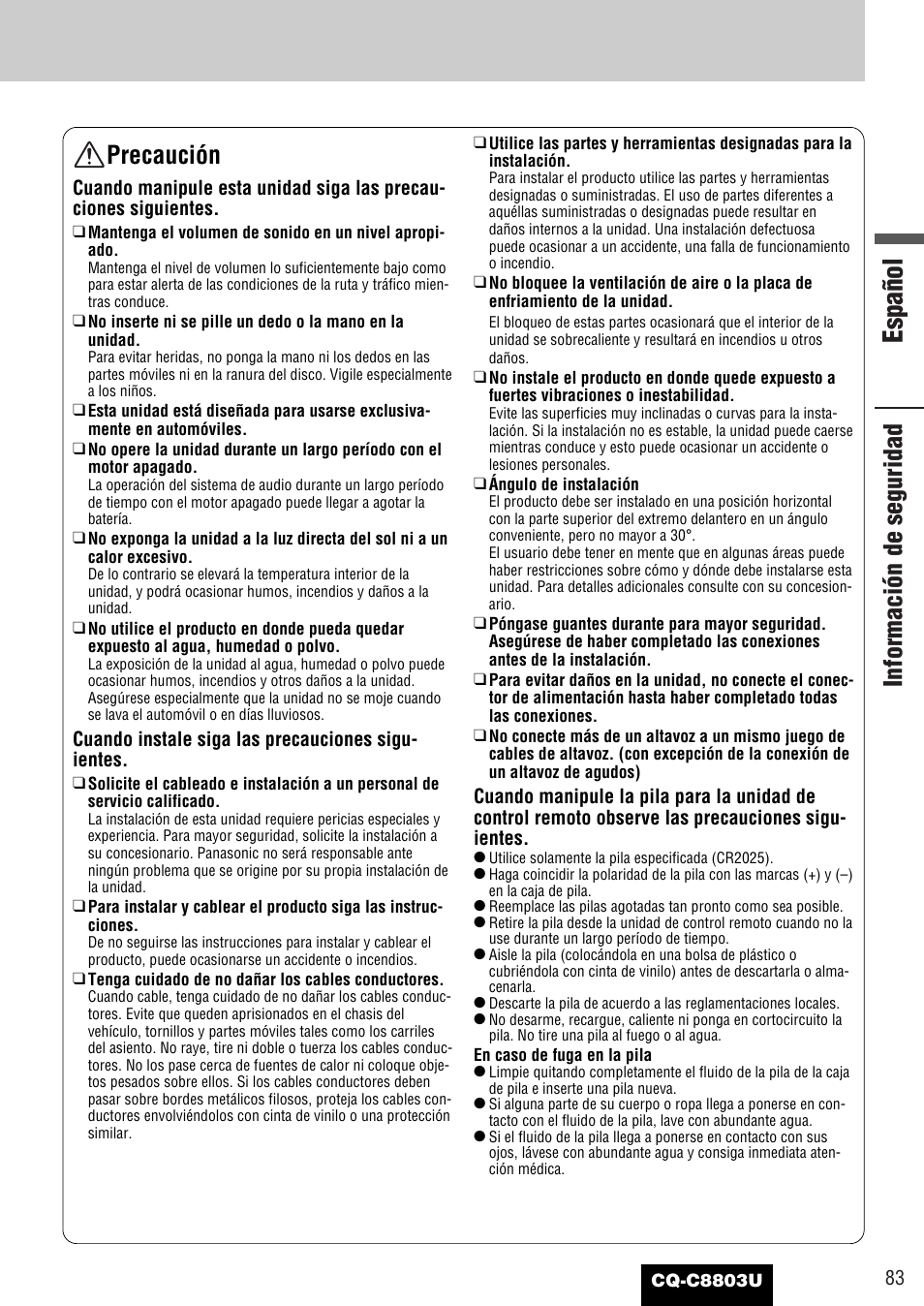 Español, Información de seguridad, Precaución | Panasonic CQ-C8803U User Manual | Page 83 / 120