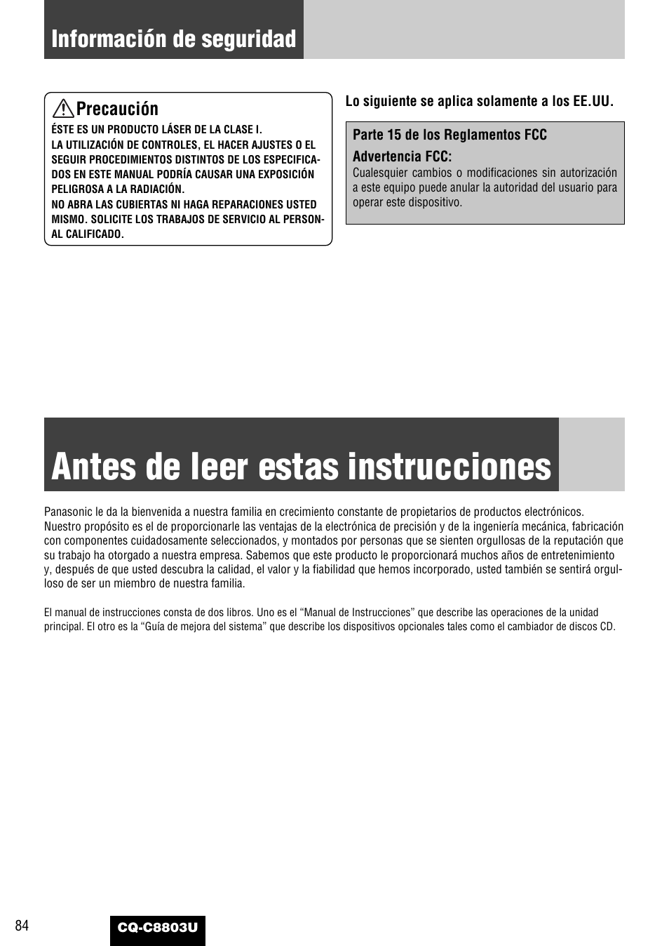 Antes de leer estas instrucciones, Información de seguridad | Panasonic CQ-C8803U User Manual | Page 84 / 120