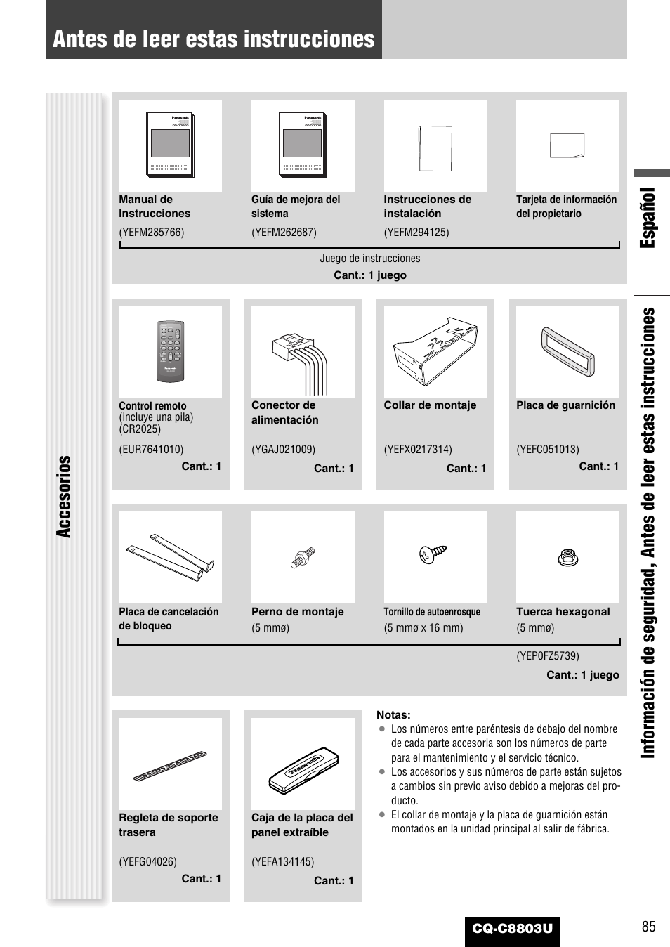 Antes de leer estas instrucciones, Español, Accesorios | Cq-c8803u | Panasonic CQ-C8803U User Manual | Page 85 / 120