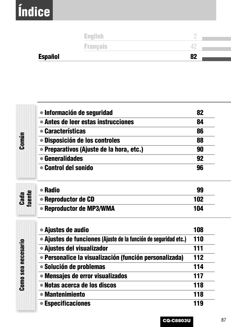 Indice, Índice | Panasonic CQ-C8803U User Manual | Page 87 / 120
